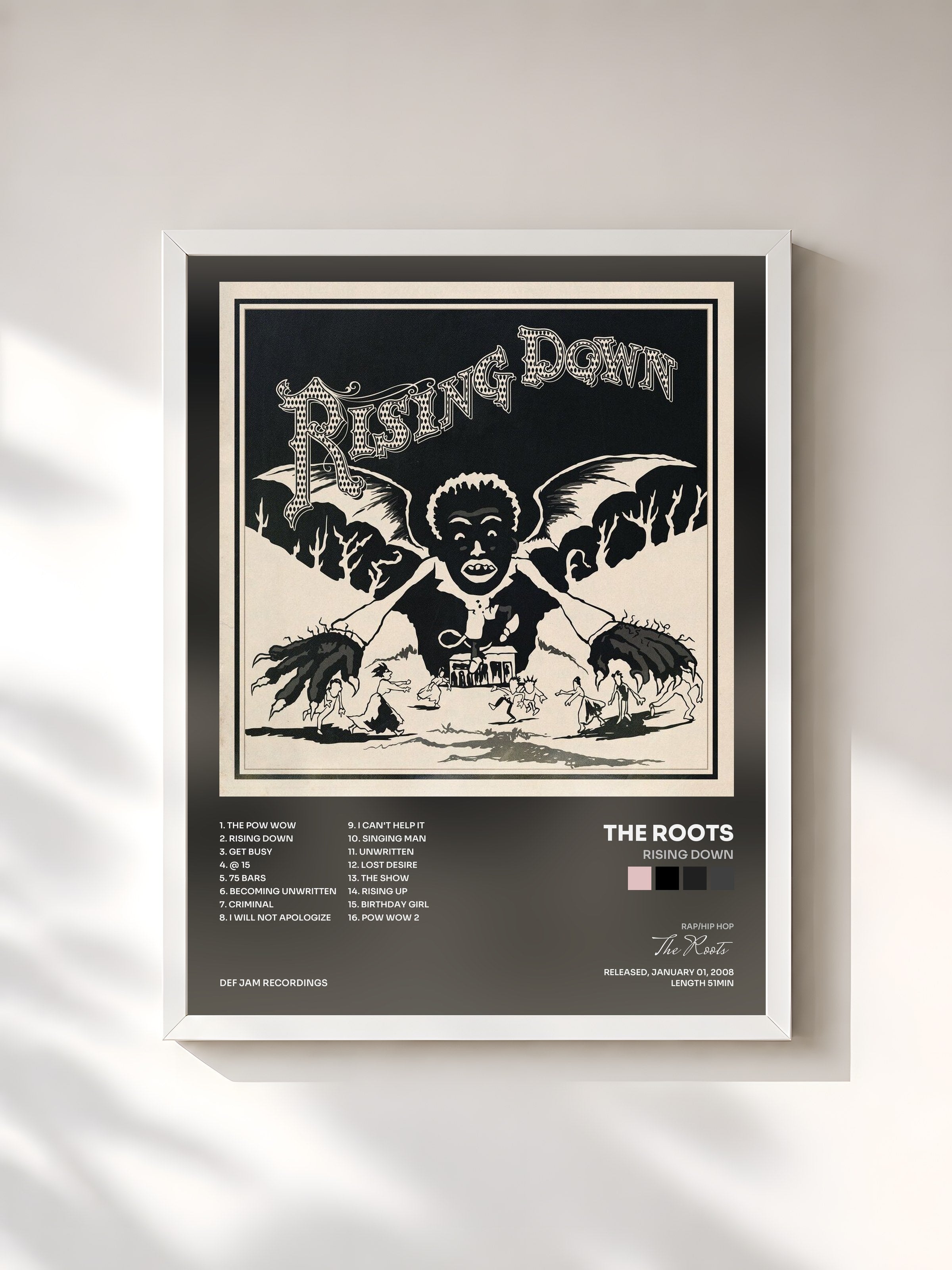 #blanc Tableau de l'album Rising Down de The Roots, cadre blanc, imprimé et encadré en France