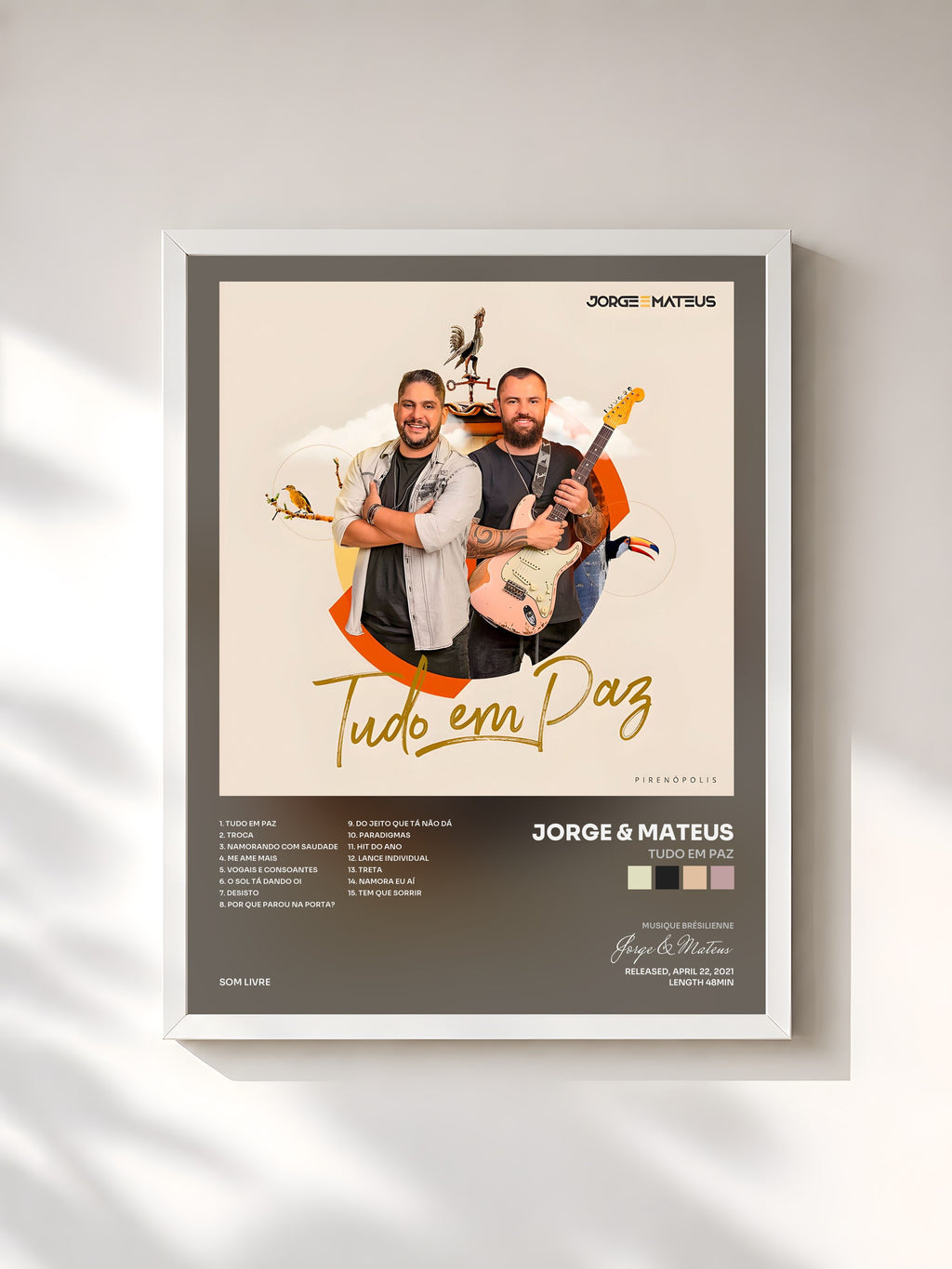 #blanc Tableau de l'album Tudo Em Paz de Jorge & Mateus, cadre blanc, imprimé et encadré en France