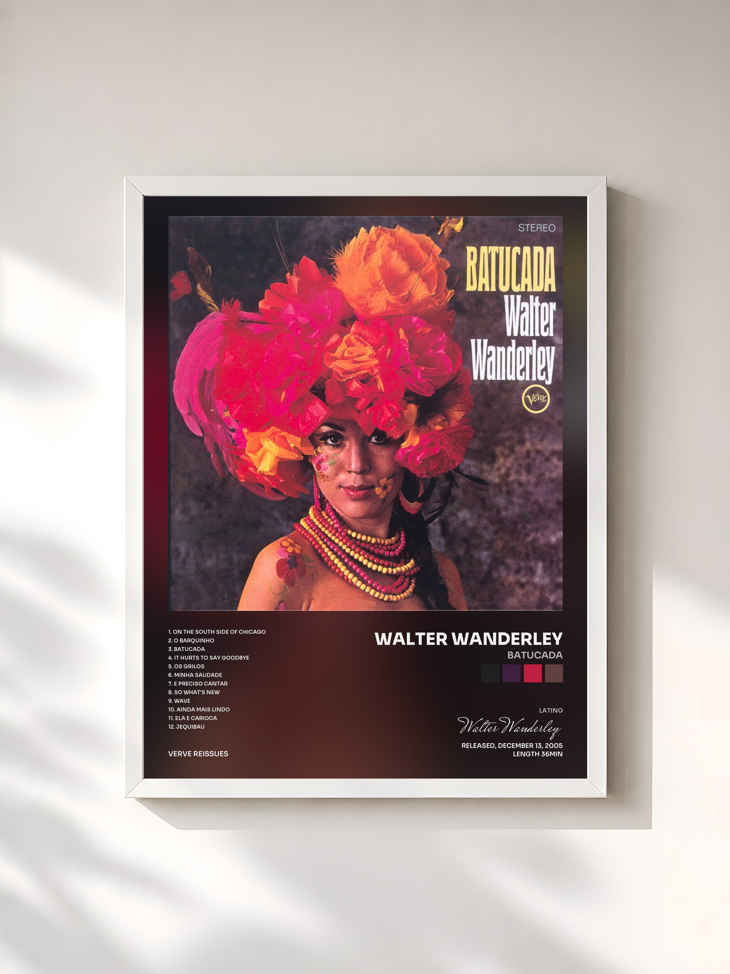 #blanc Tableau de l'album Batucada de Walter Wanderley, cadre blanc, imprimé et encadré en France