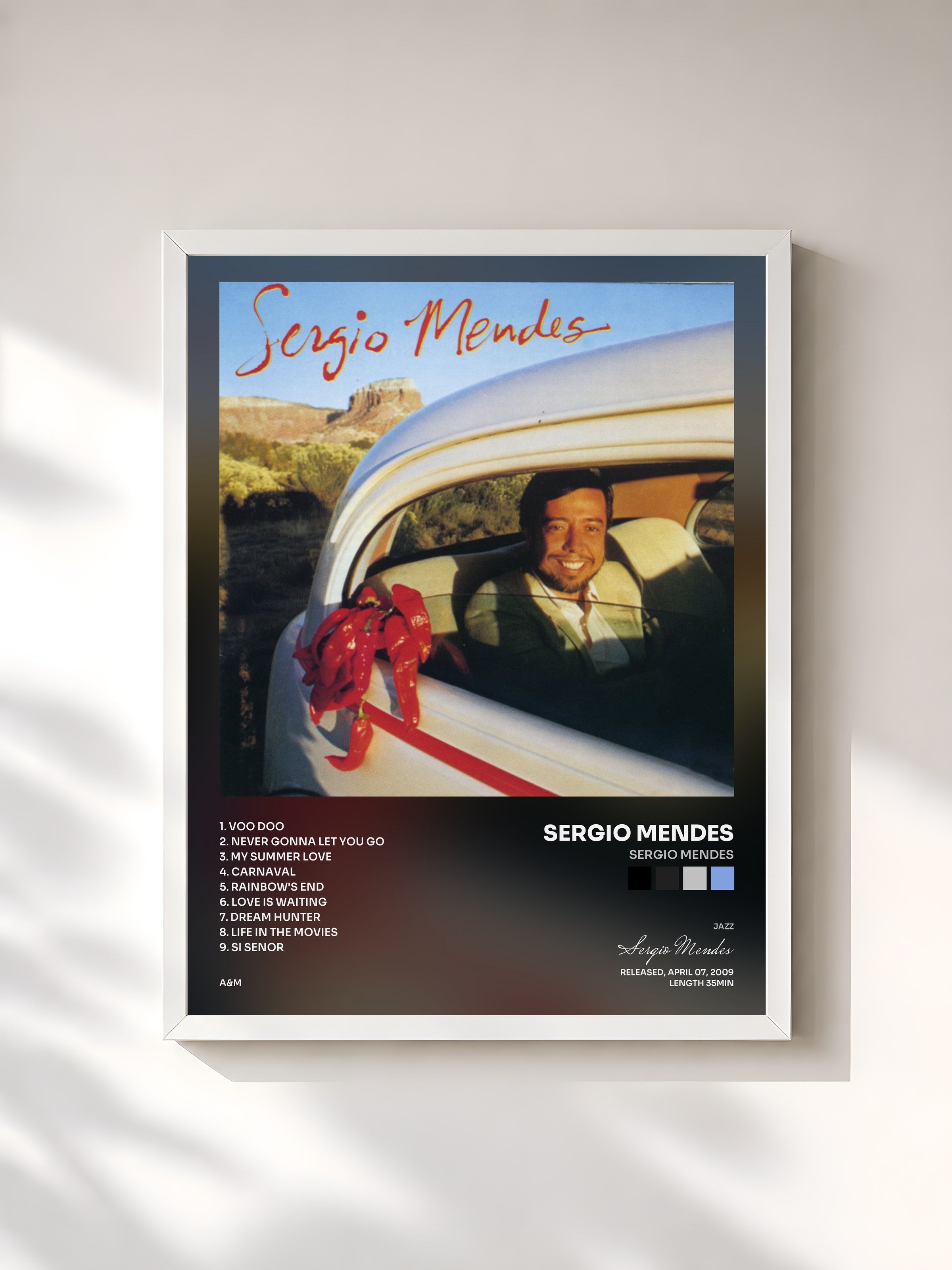 #blanc Tableau de l'album Sergio Mendes de Sergio Mendes, cadre blanc, imprimé et encadré en France