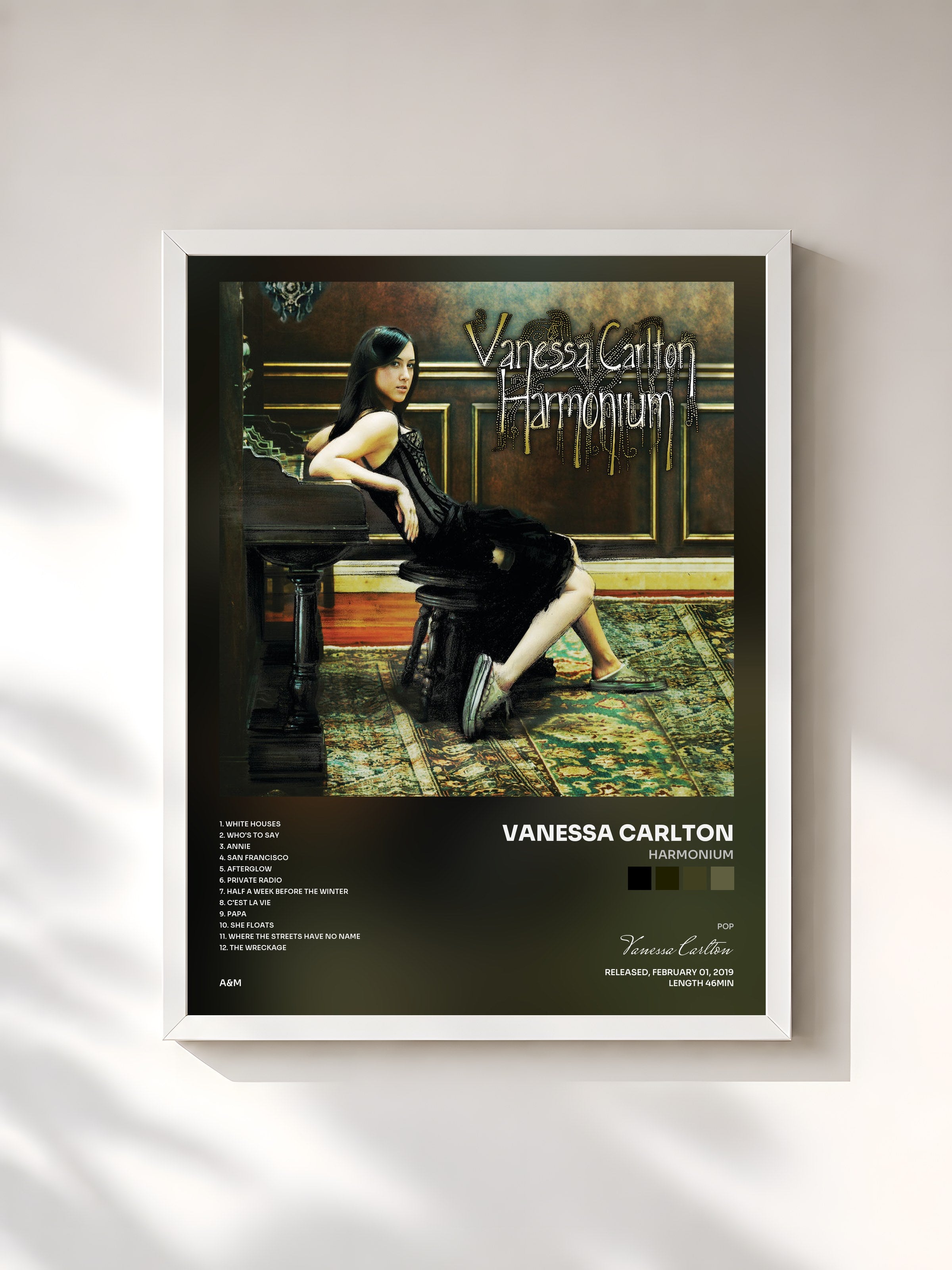 #blanc Tableau de l'album Harmonium de Vanessa Carlton, cadre blanc, imprimé et encadré en France