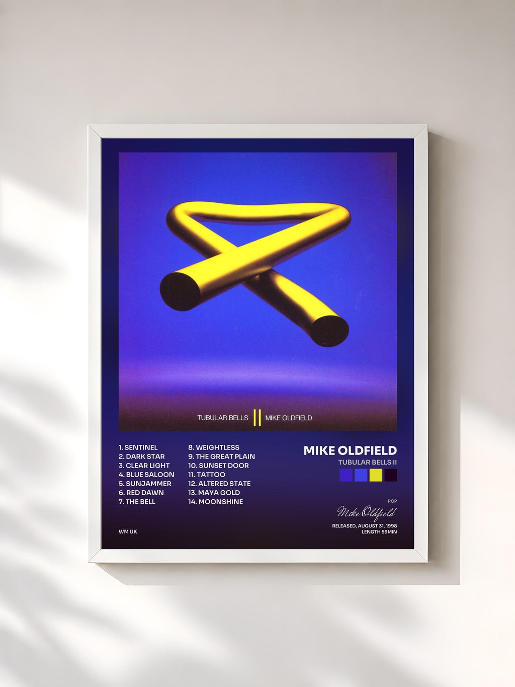 #blanc Tableau de l'album Tubular Bells II de Mike Oldfield, cadre blanc, imprimé et encadré en France