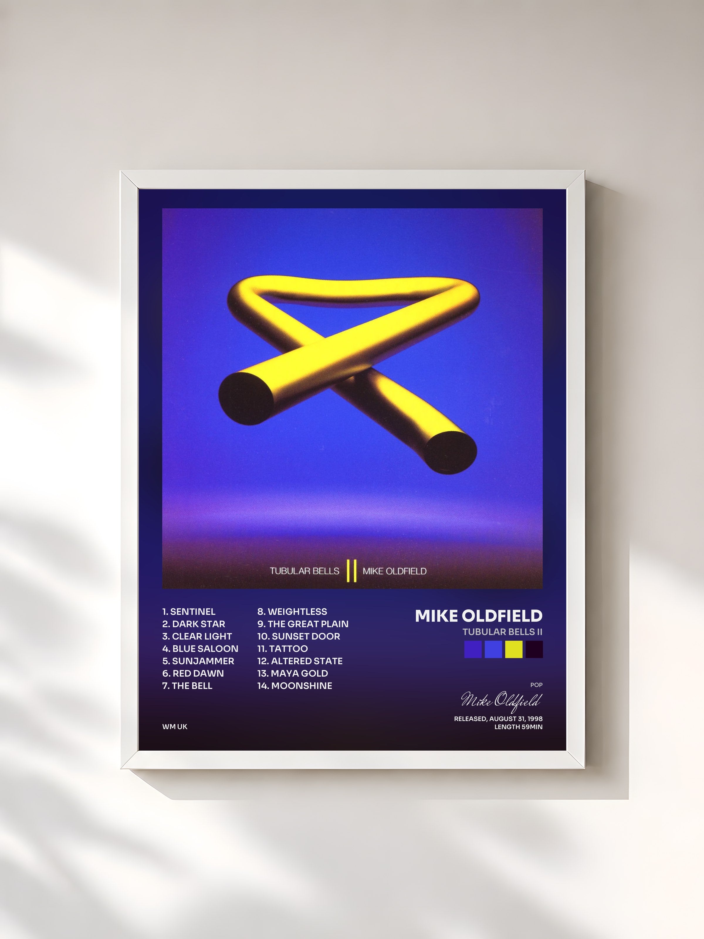 #blanc Tableau de l'album Tubular Bells II de Mike Oldfield, cadre blanc, imprimé et encadré en France