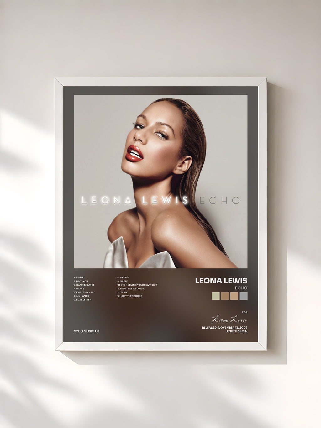#blanc Tableau de l'album Echo de Leona Lewis, cadre blanc, imprimé et encadré en France