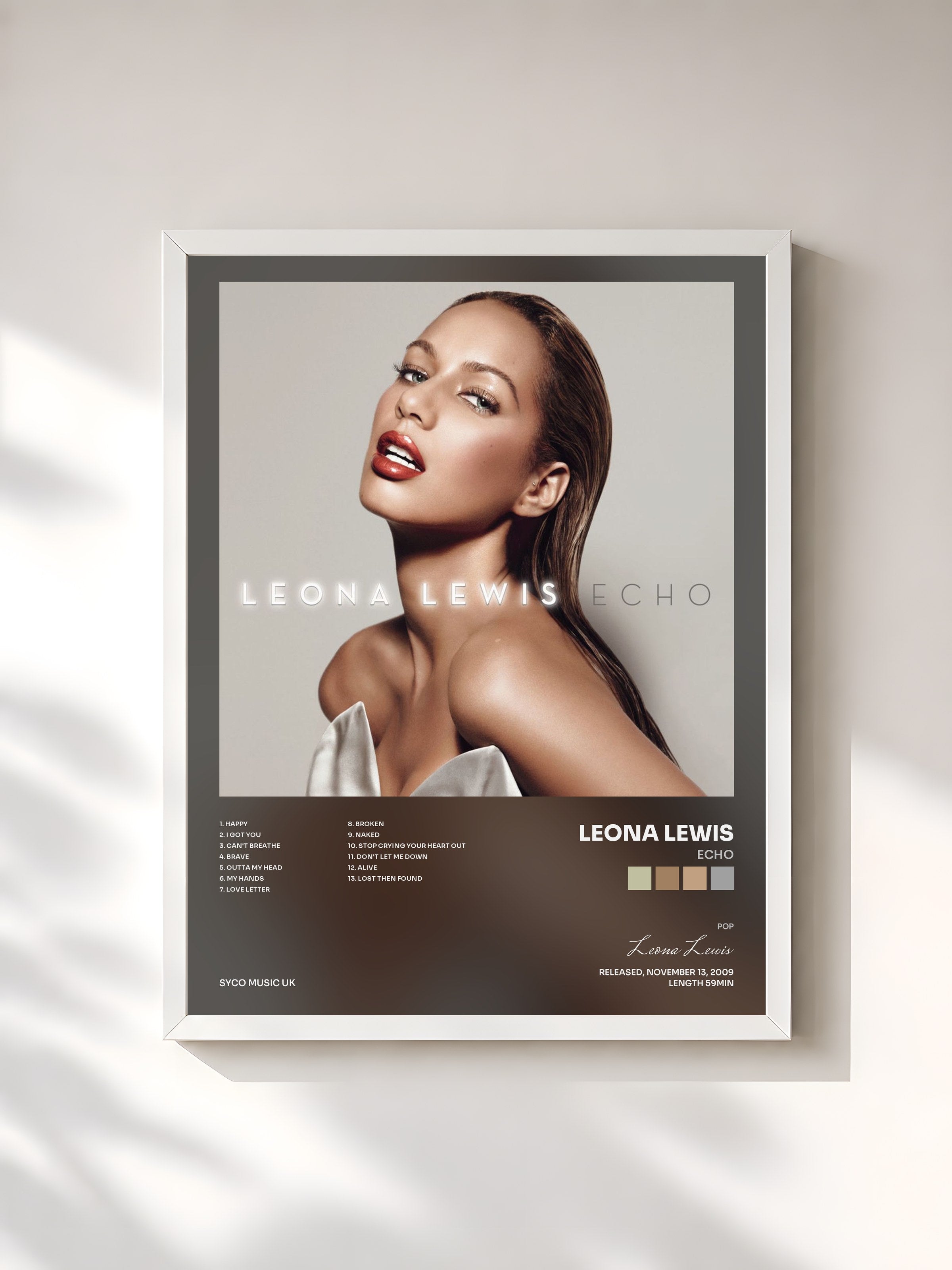 #blanc Tableau de l'album Echo de Leona Lewis, cadre blanc, imprimé et encadré en France