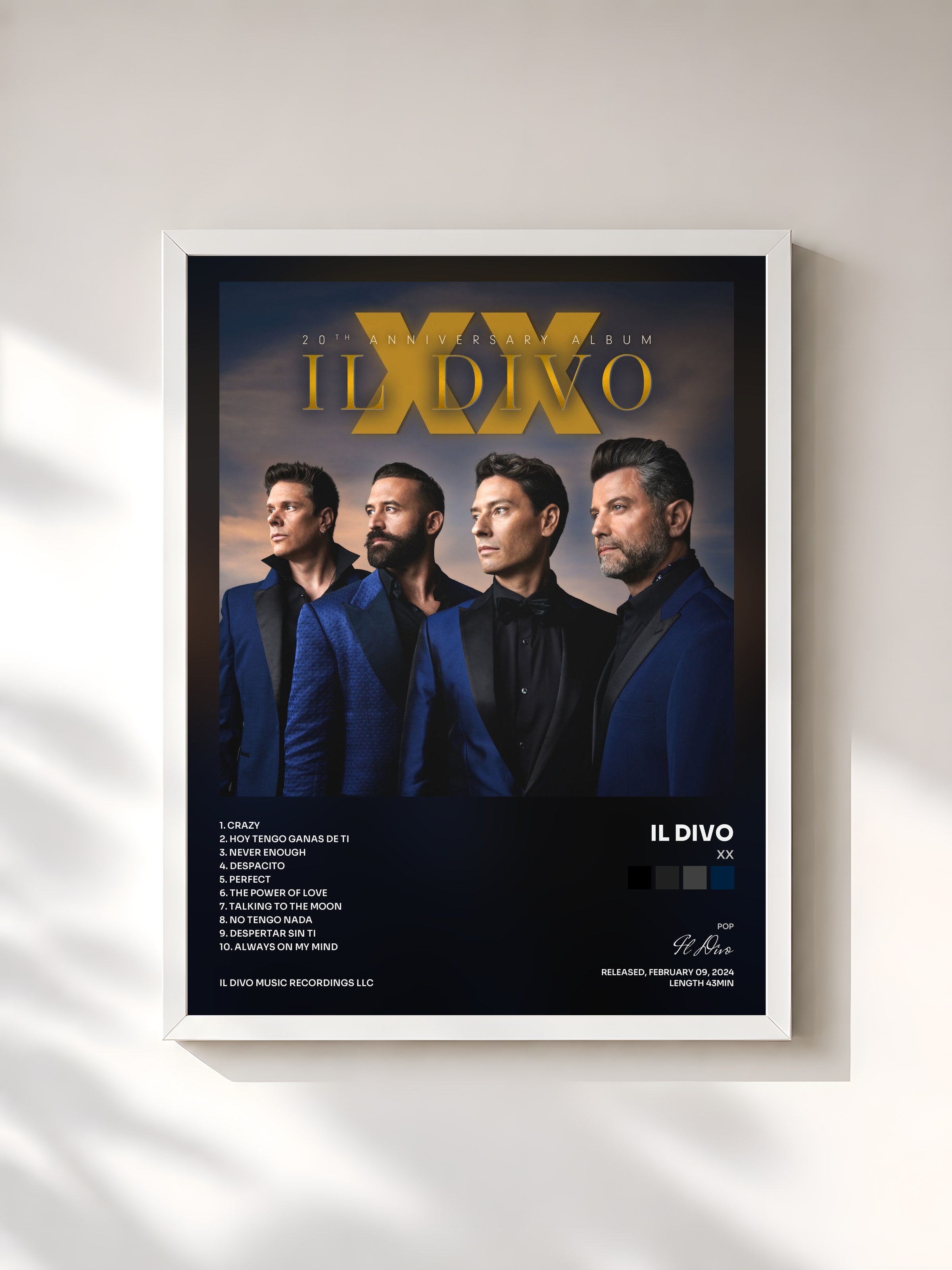 #blanc Tableau de l'album XX de Il Divo, cadre blanc, imprimé et encadré en France