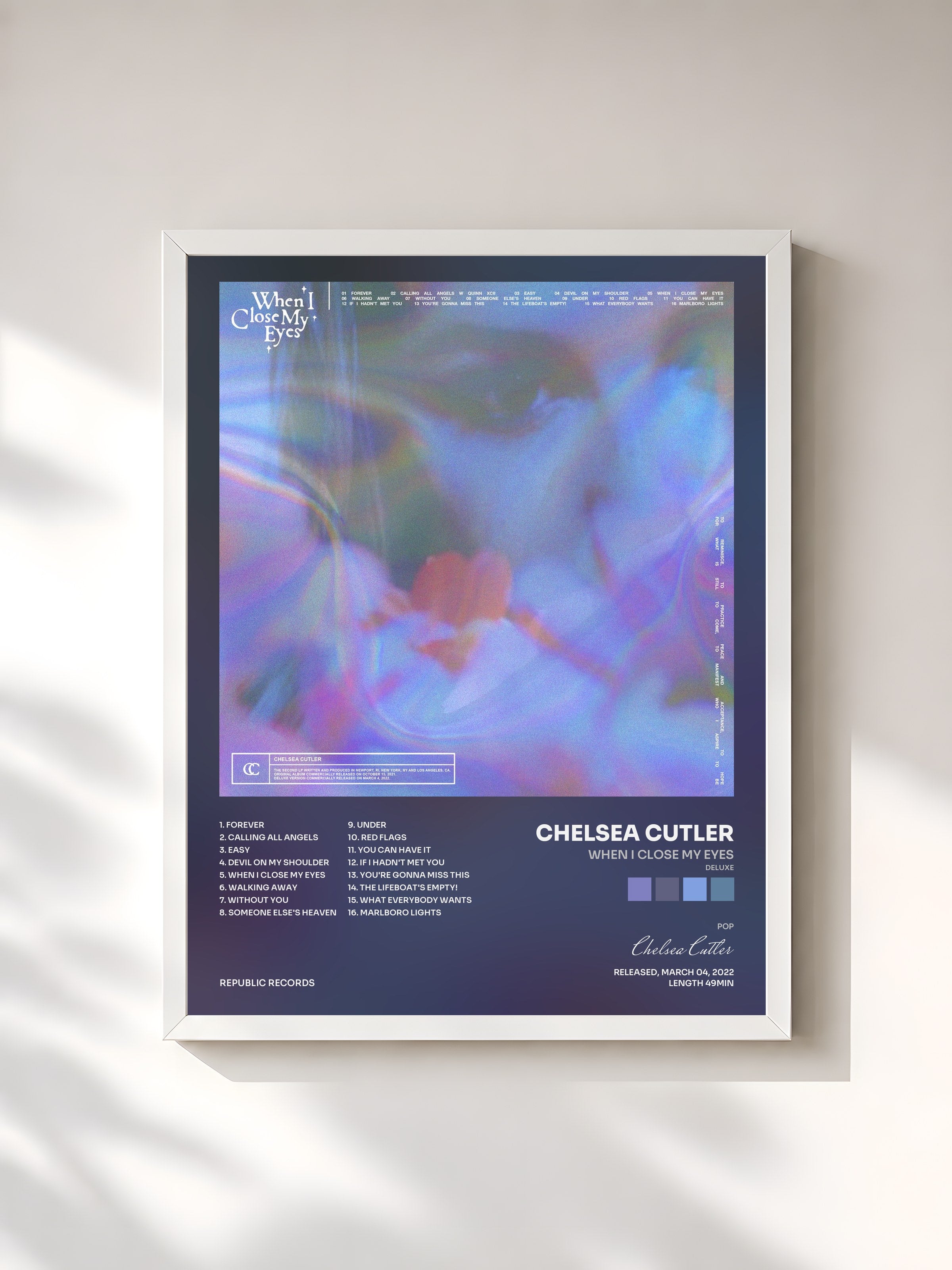 #blanc Tableau de l'album When I Close My Eyes (Deluxe) de Chelsea Cutler, cadre blanc, imprimé et encadré en France