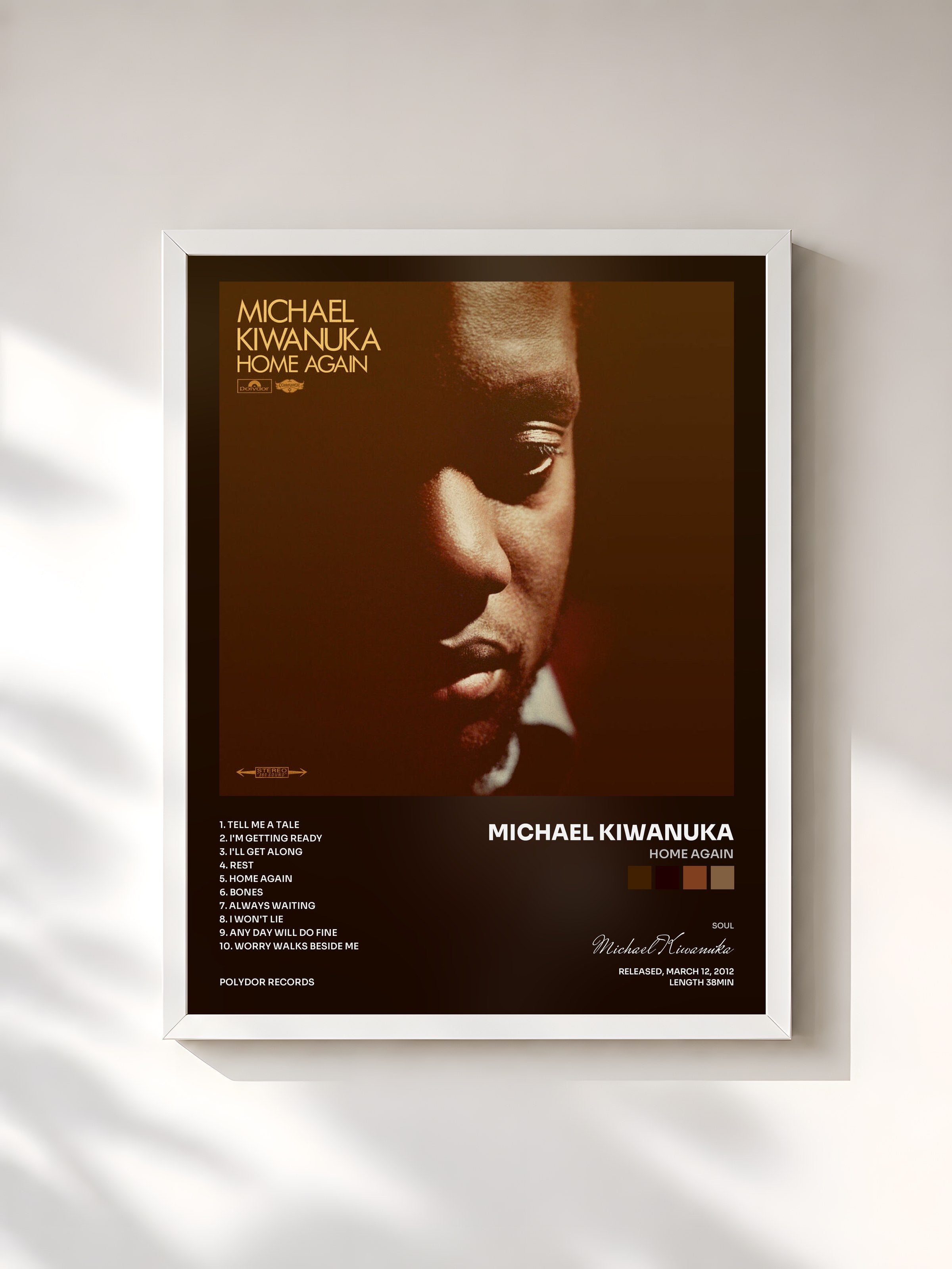 #blanc Tableau de l'album Home Again de Michael Kiwanuka, cadre blanc, imprimé et encadré en France