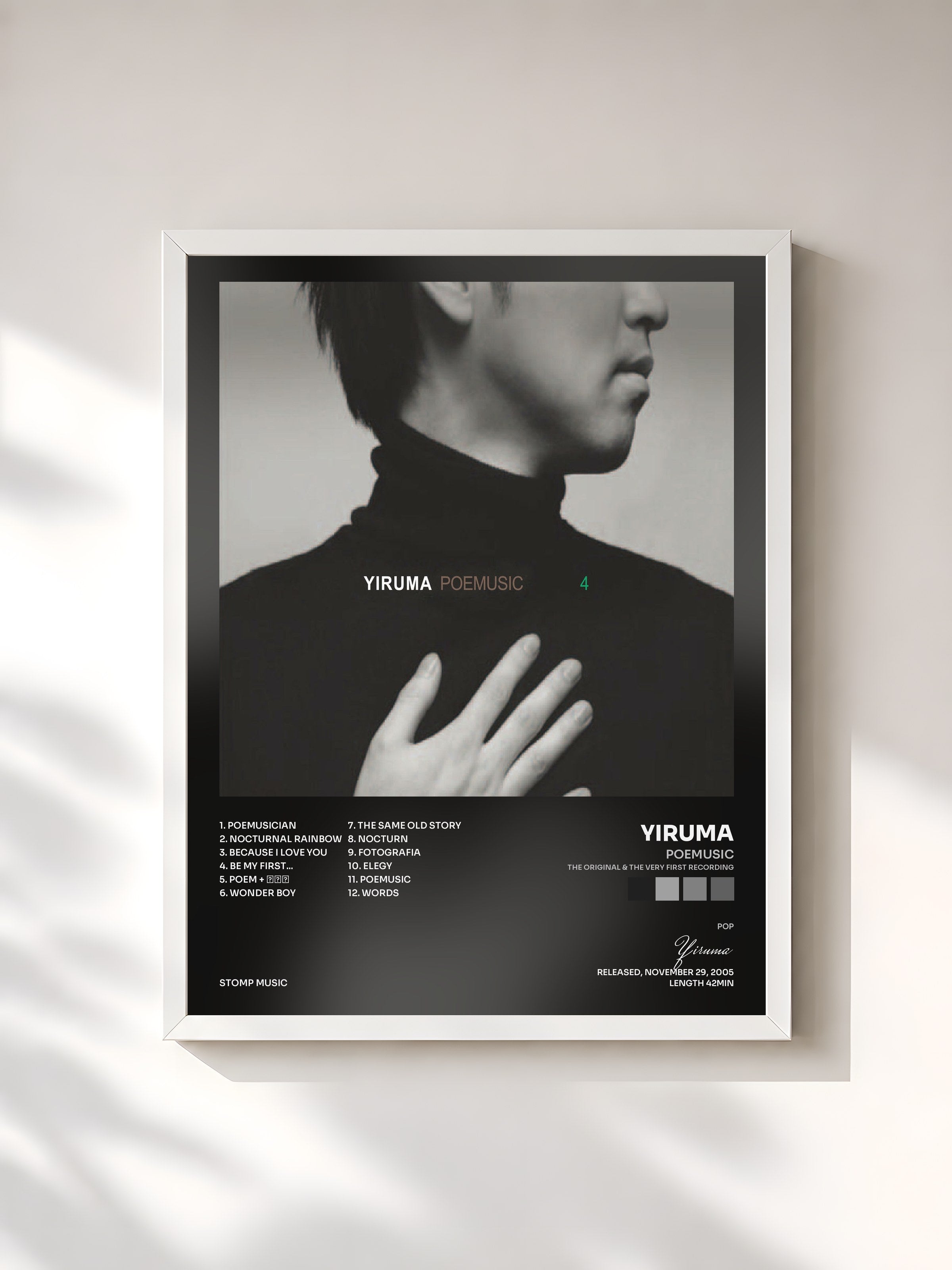 #blanc Tableau de l'album Poemusic (The Original & the Very First Recording) de Yiruma, cadre blanc, imprimé et encadré en France