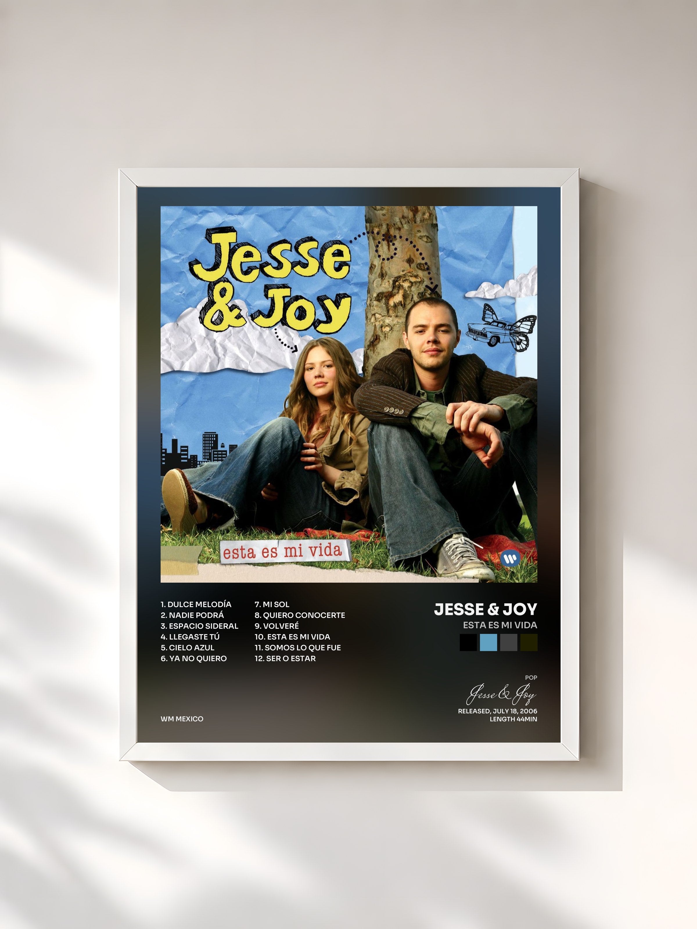 #blanc Tableau de l'album Esta Es Mi Vida de Jesse & Joy, cadre blanc, imprimé et encadré en France