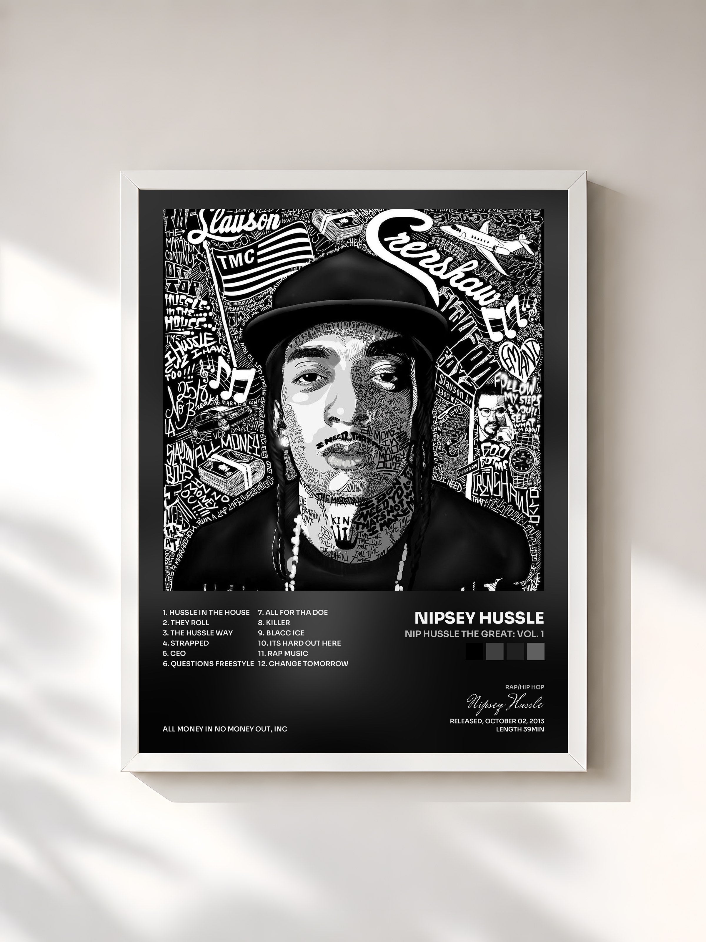 #blanc Tableau de l'album Nip Hussle The Great: Vol. 1 de Nipsey Hussle, cadre blanc, imprimé et encadré en France