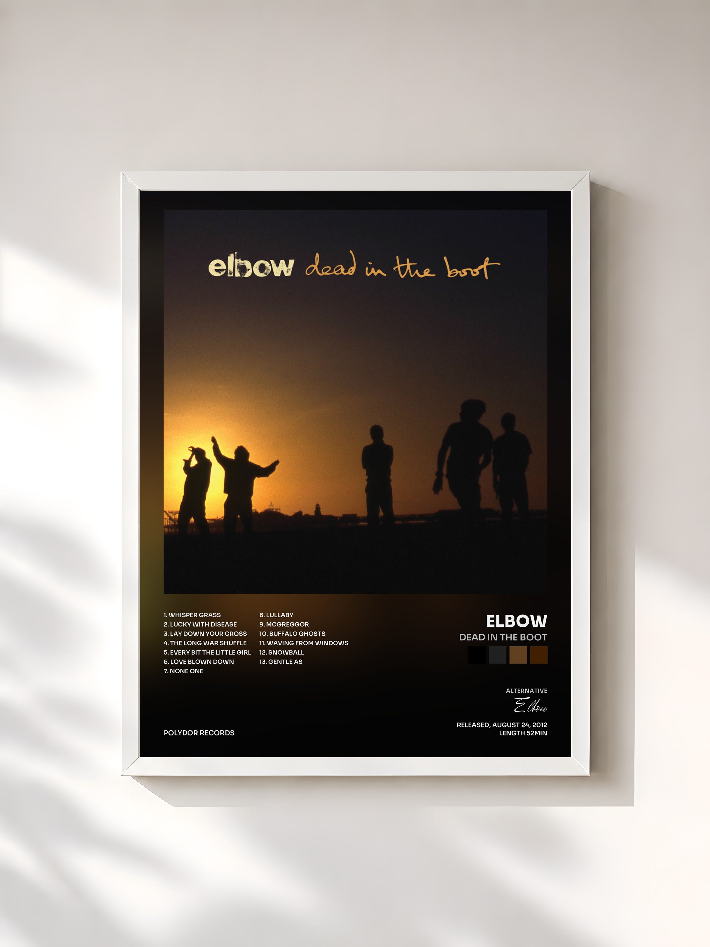 #blanc Tableau de l'album dead in the boot de Elbow, cadre blanc, imprimé et encadré en France