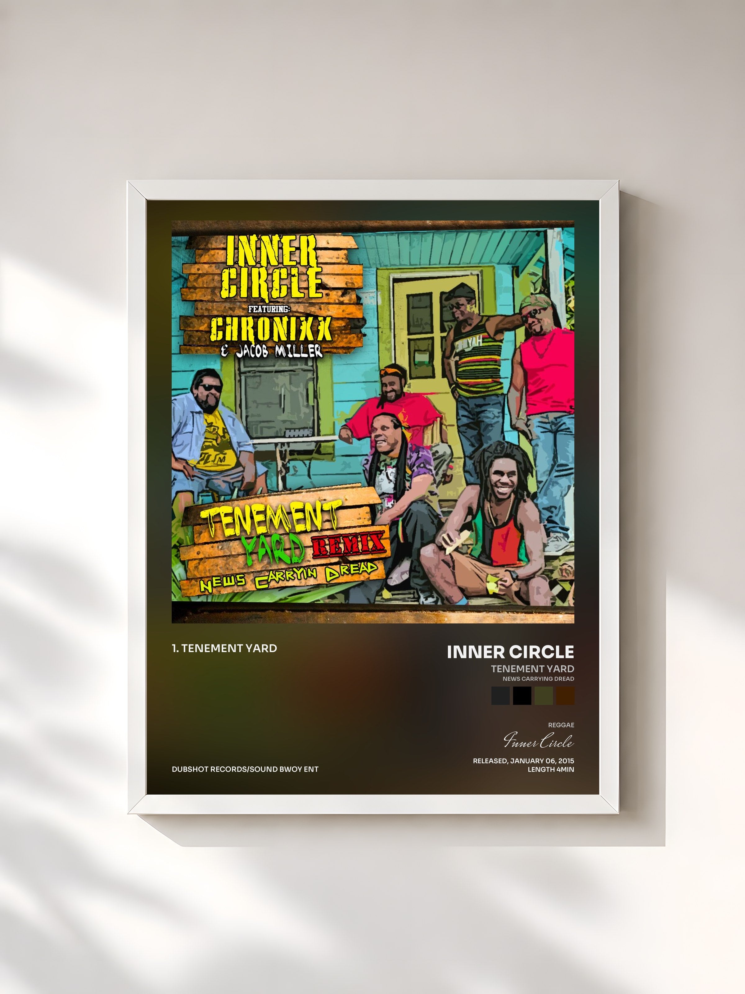 #blanc Tableau de l'album Tenement Yard (News Carrying Dread) [feat. Chronixx, Jacob Miller] de Inner Circle, cadre blanc, imprimé et encadré en France