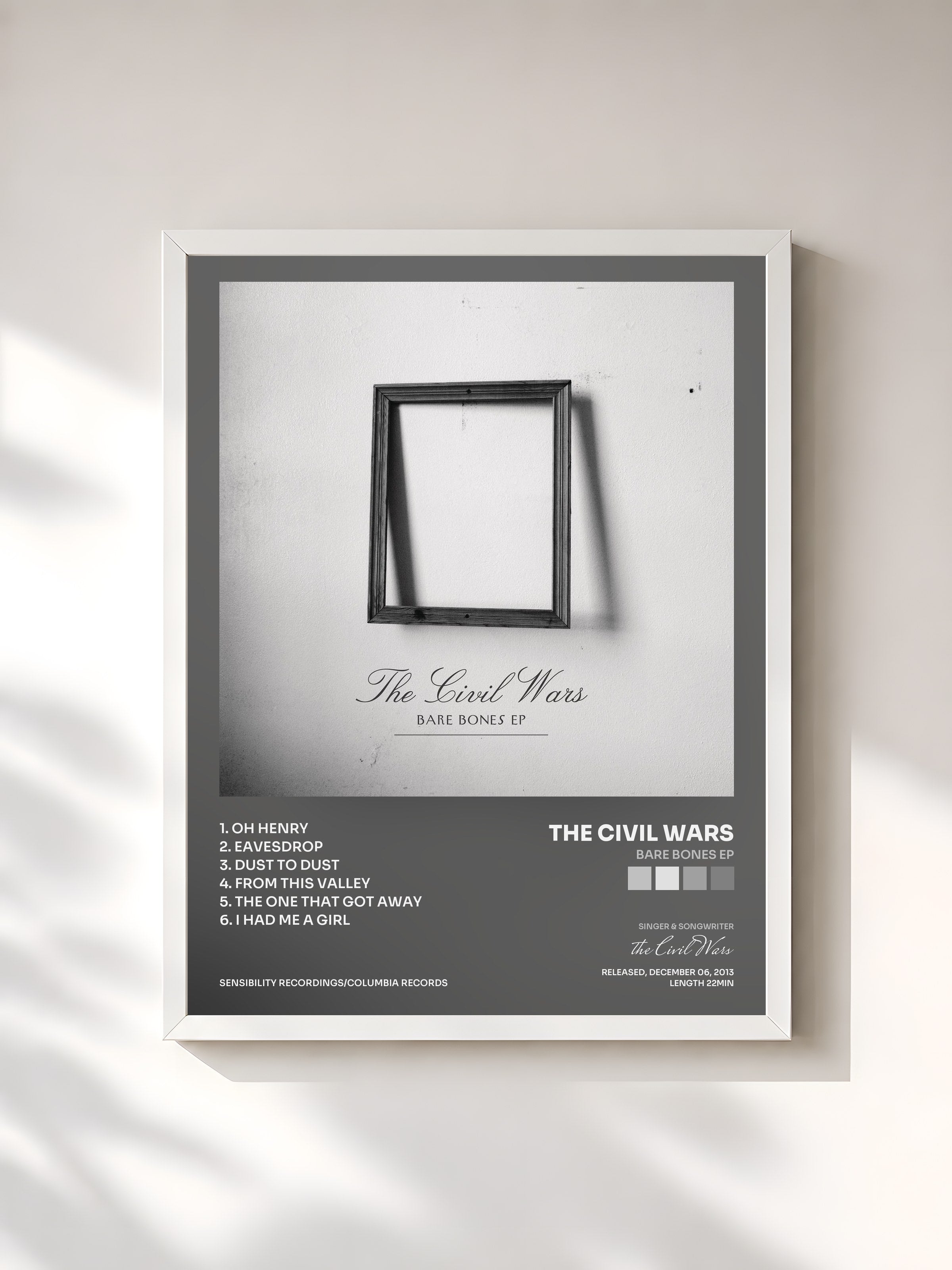 #blanc Tableau de l'album Bare Bones EP de the Civil Wars, cadre blanc, imprimé et encadré en France