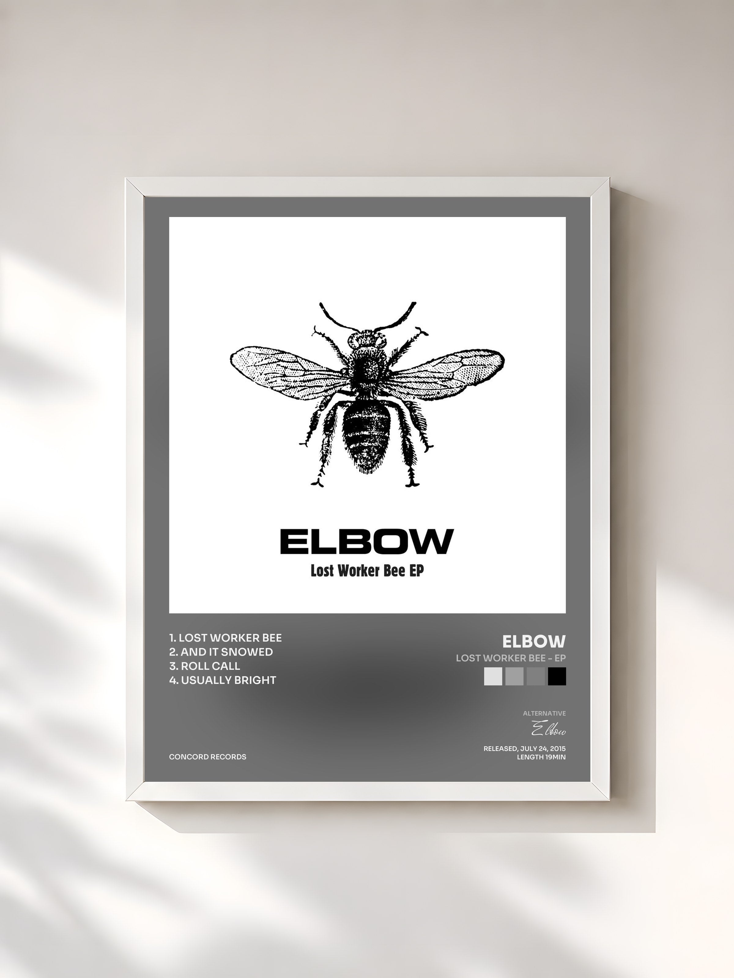 #blanc Tableau de l'album Lost Worker Bee - EP de Elbow, cadre blanc, imprimé et encadré en France