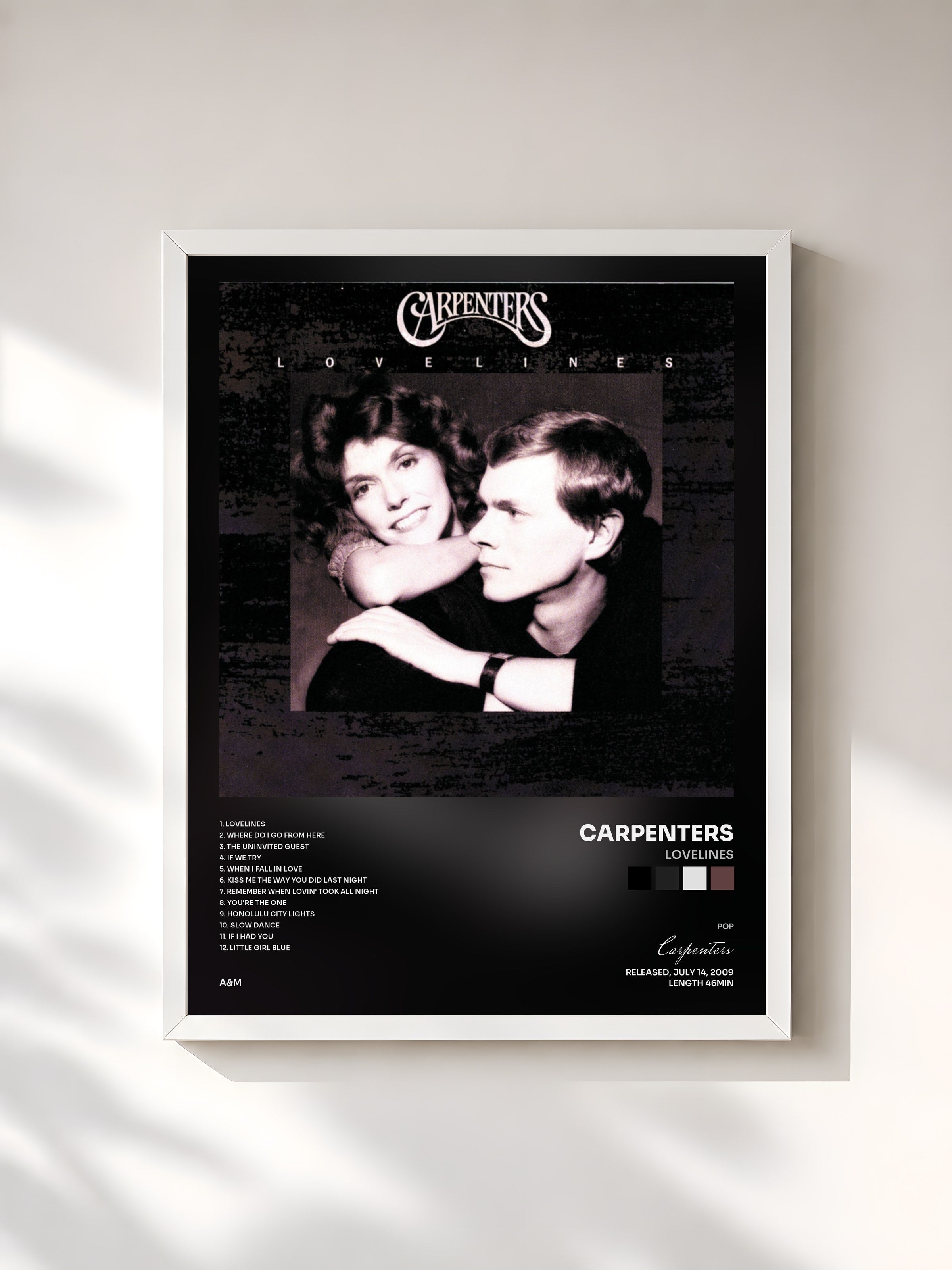 #blanc Tableau de l'album Lovelines de Carpenters, cadre blanc, imprimé et encadré en France