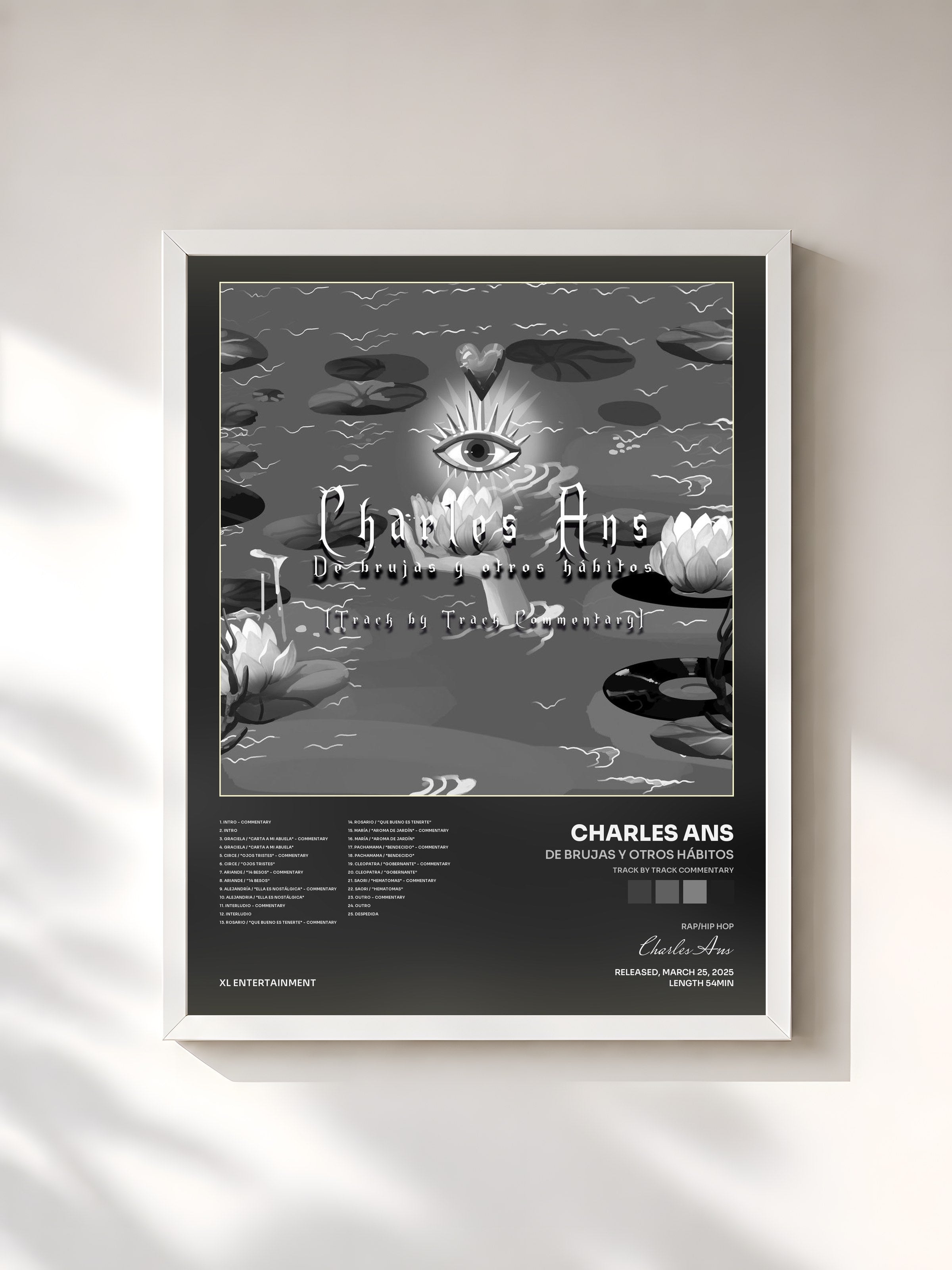 #blanc Tableau de l'album De Brujas y Otros Hábitos (Track by Track Commentary) de Charles Ans, cadre blanc, imprimé et encadré en France