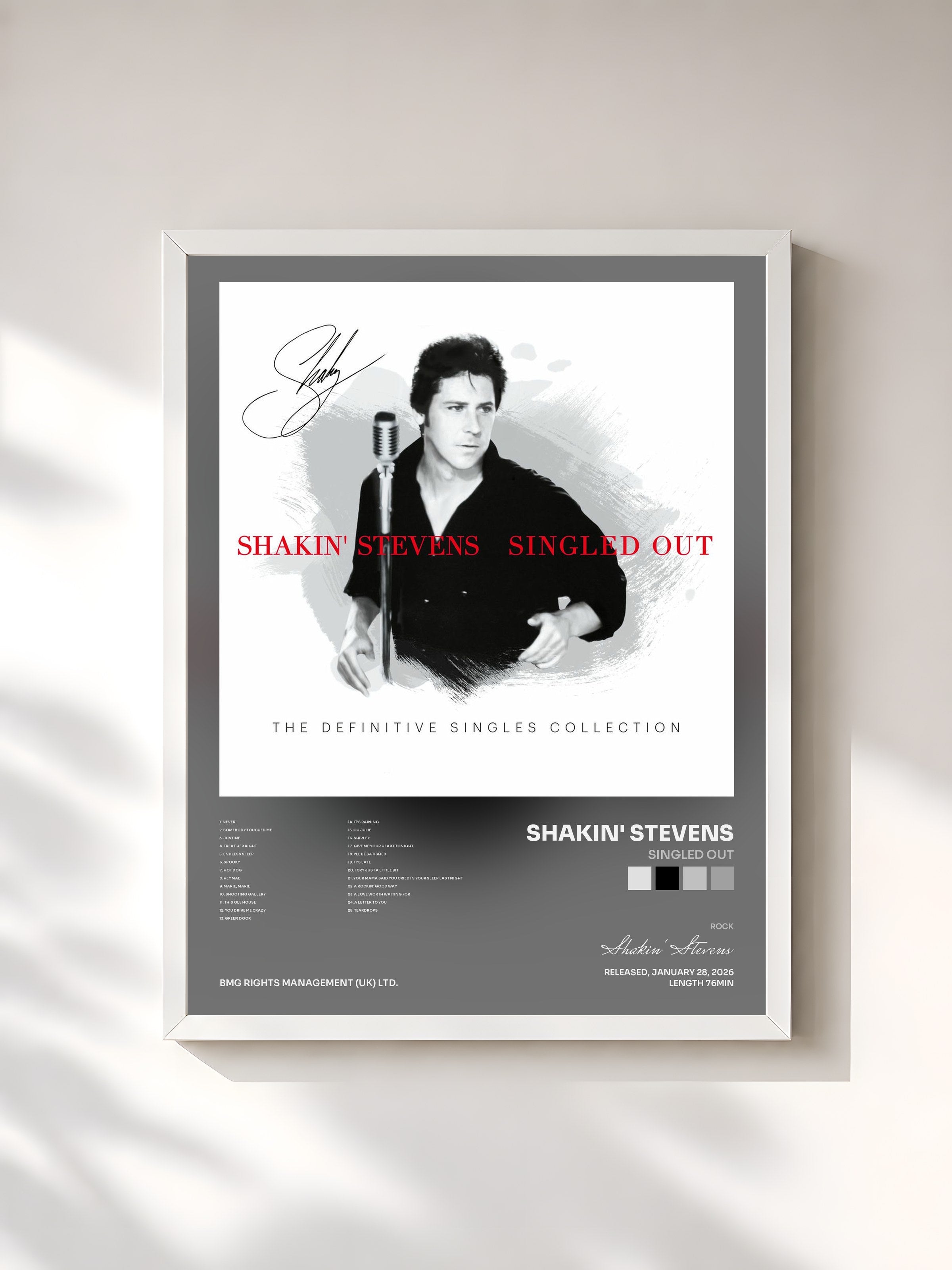 #blanc Tableau de l'album Singled Out de Shakin' Stevens, cadre blanc, imprimé et encadré en France