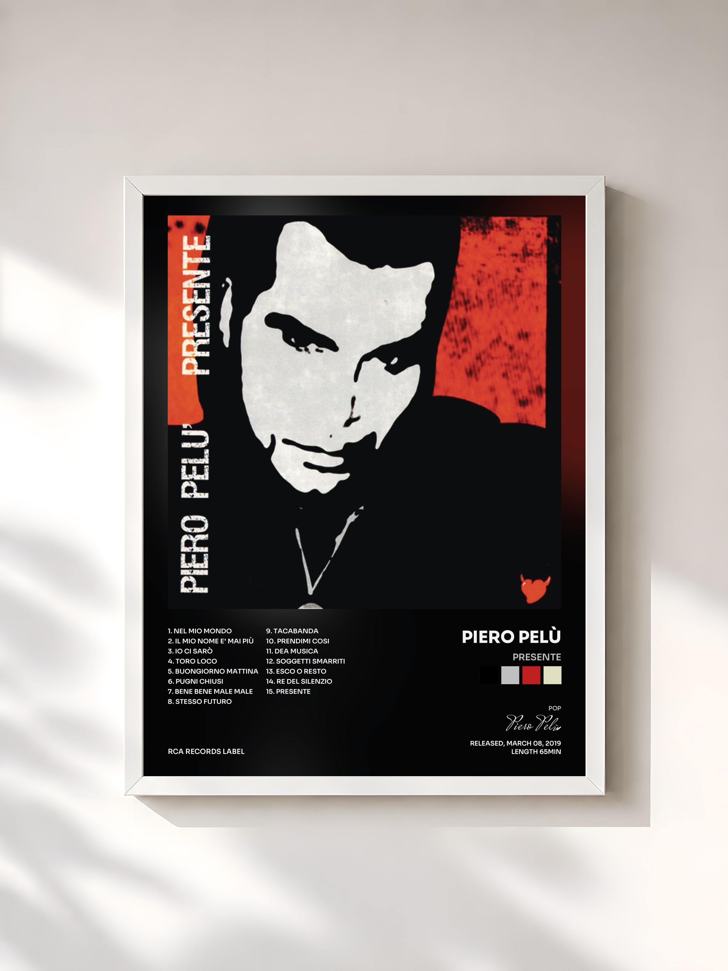 #blanc Tableau de l'album Presente de Piero Pelù, cadre blanc, imprimé et encadré en France