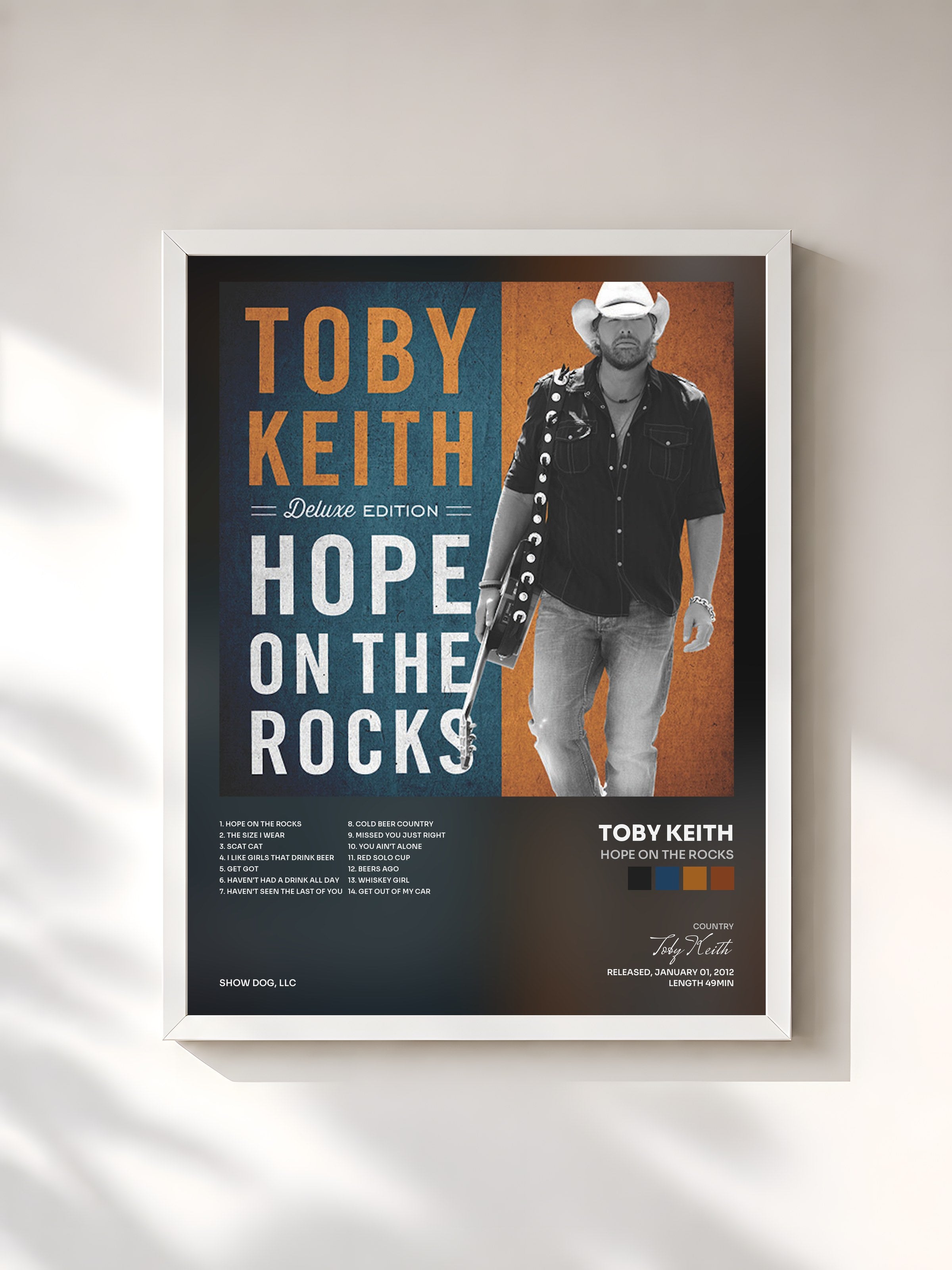 #blanc Tableau de l'album Hope on the Rocks de Toby Keith, cadre blanc, imprimé et encadré en France