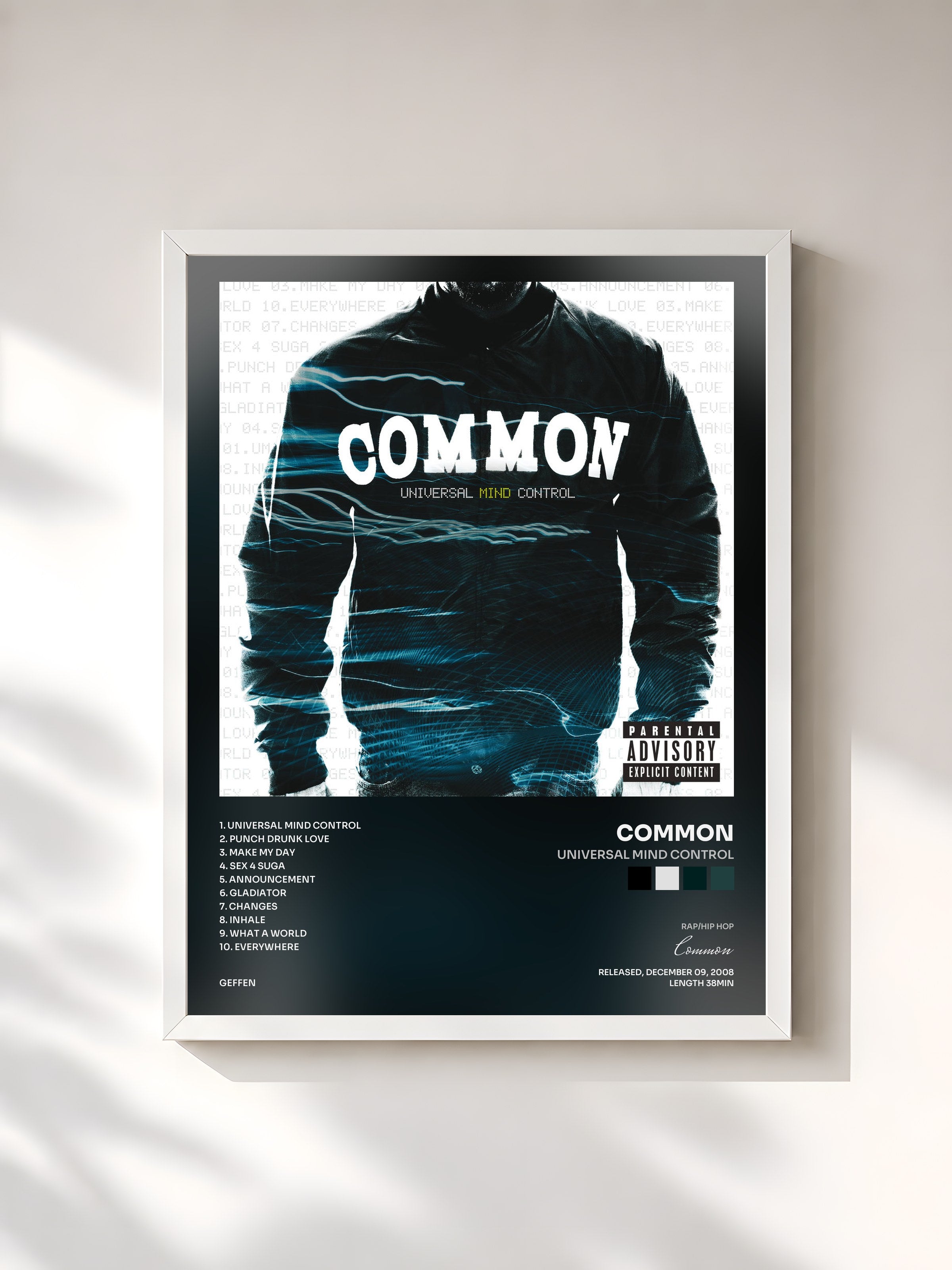 #blanc Tableau de l'album Universal Mind Control de Common, cadre blanc, imprimé et encadré en France