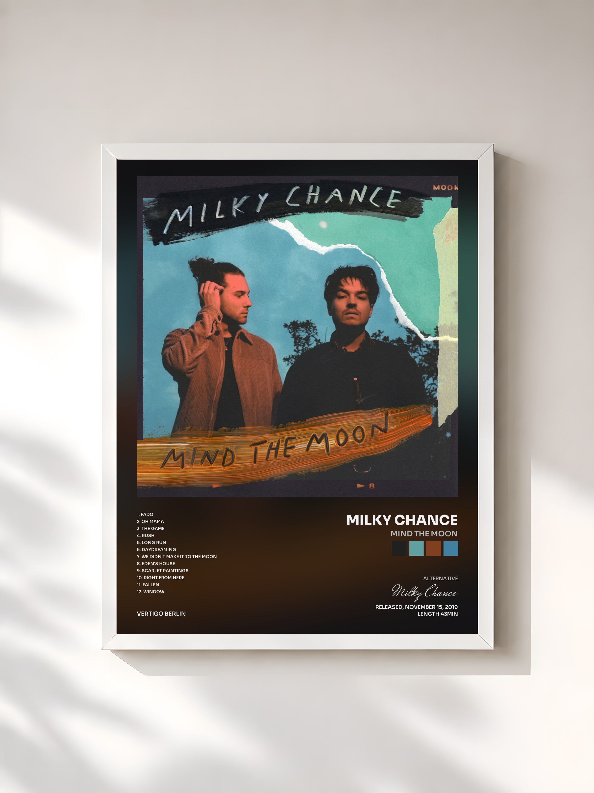 #blanc Tableau de l'album Mind The Moon de Milky Chance, cadre blanc, imprimé et encadré en France