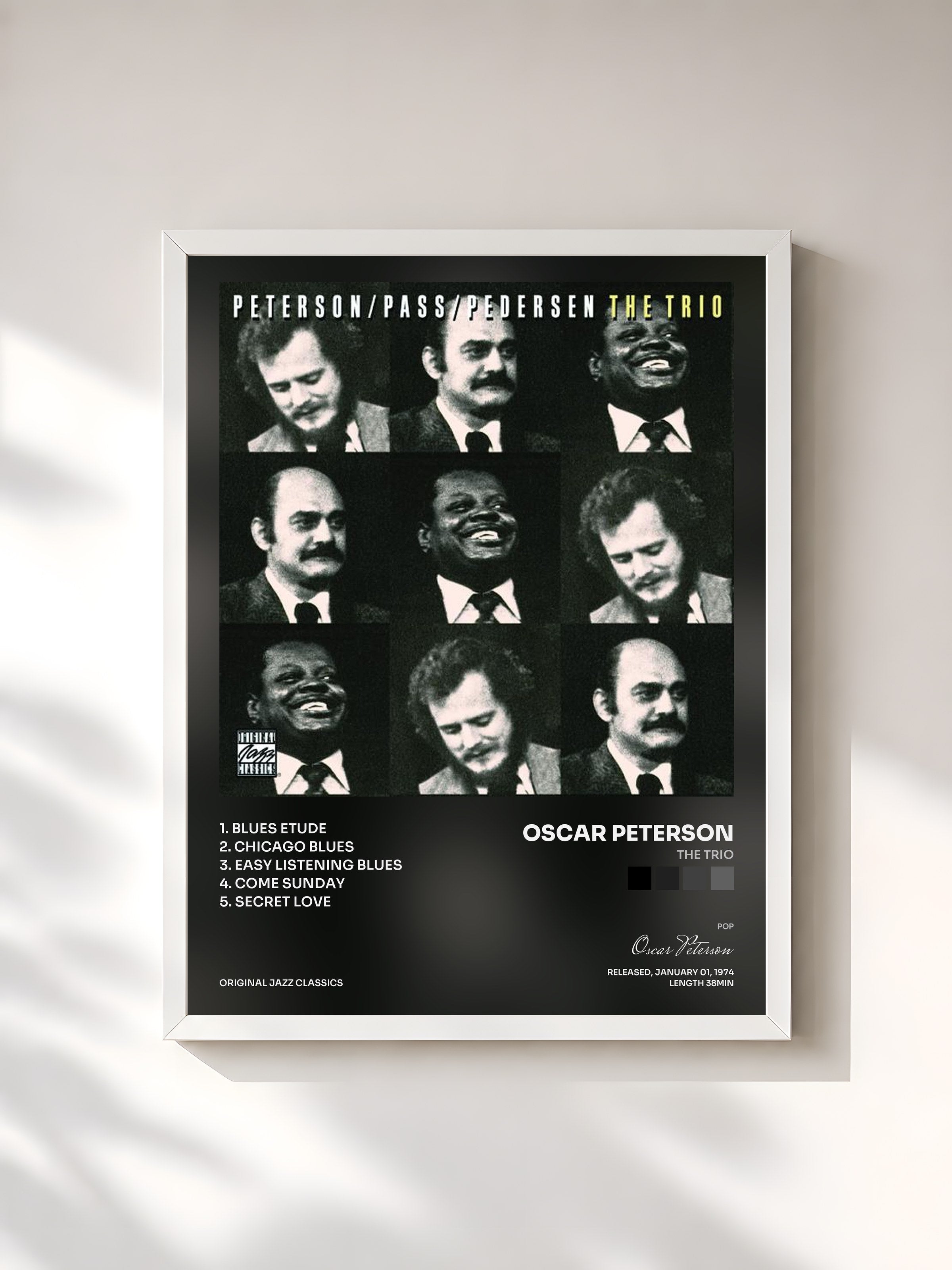 #blanc Tableau de l'album The Trio de Oscar Peterson, cadre blanc, imprimé et encadré en France