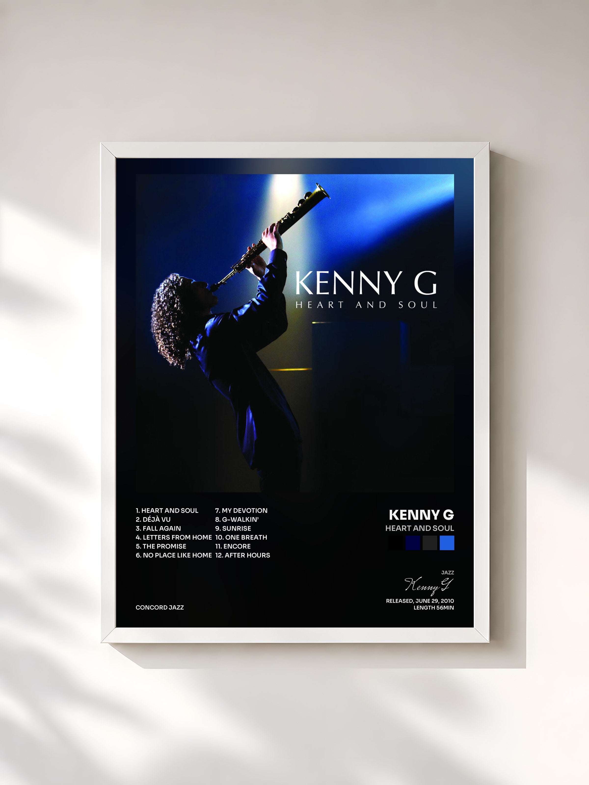 #blanc Tableau de l'album Heart And Soul de Kenny G, cadre blanc, imprimé et encadré en France