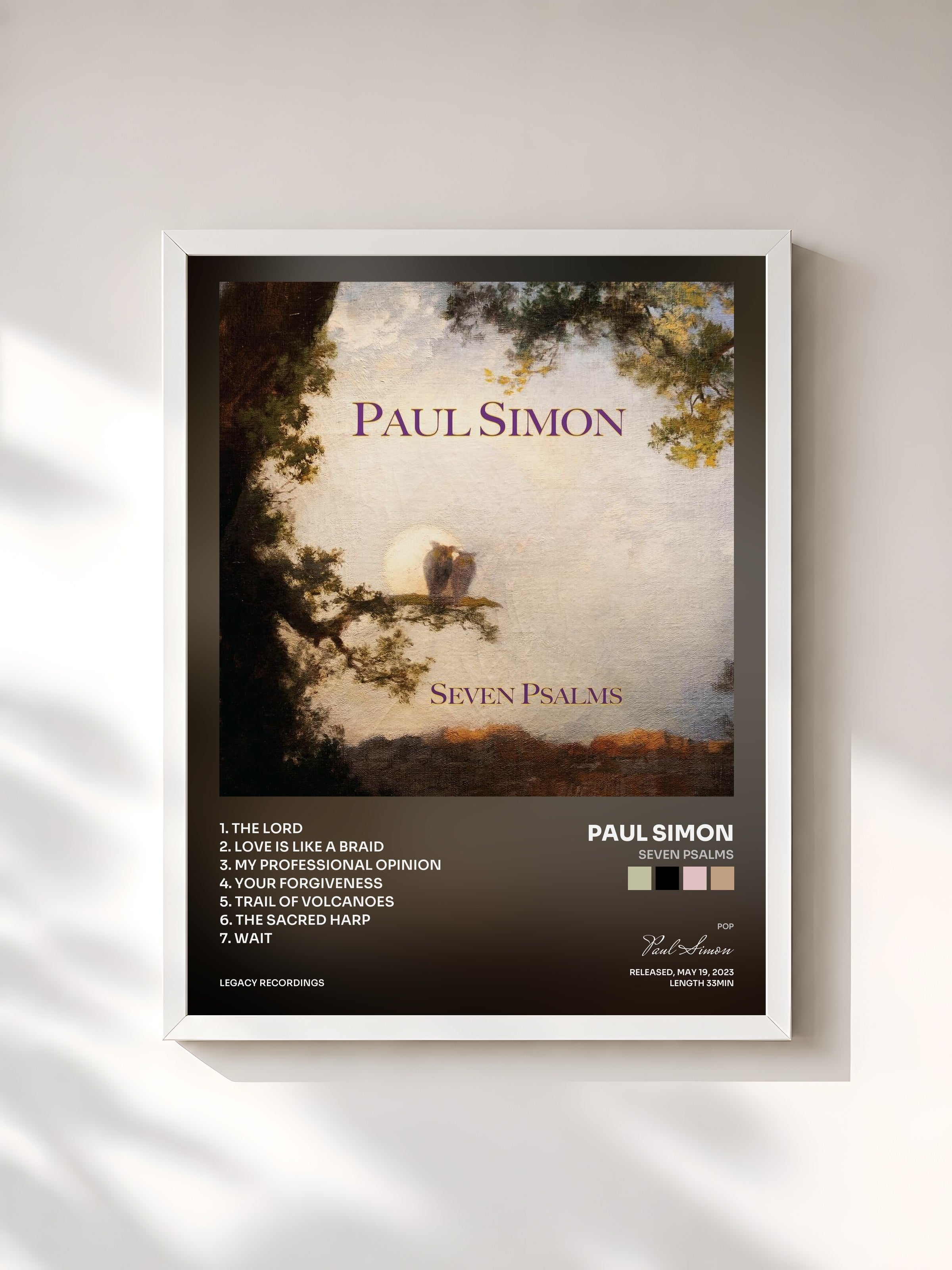 #blanc Tableau de l'album Seven Psalms de Paul Simon, cadre blanc, imprimé et encadré en France