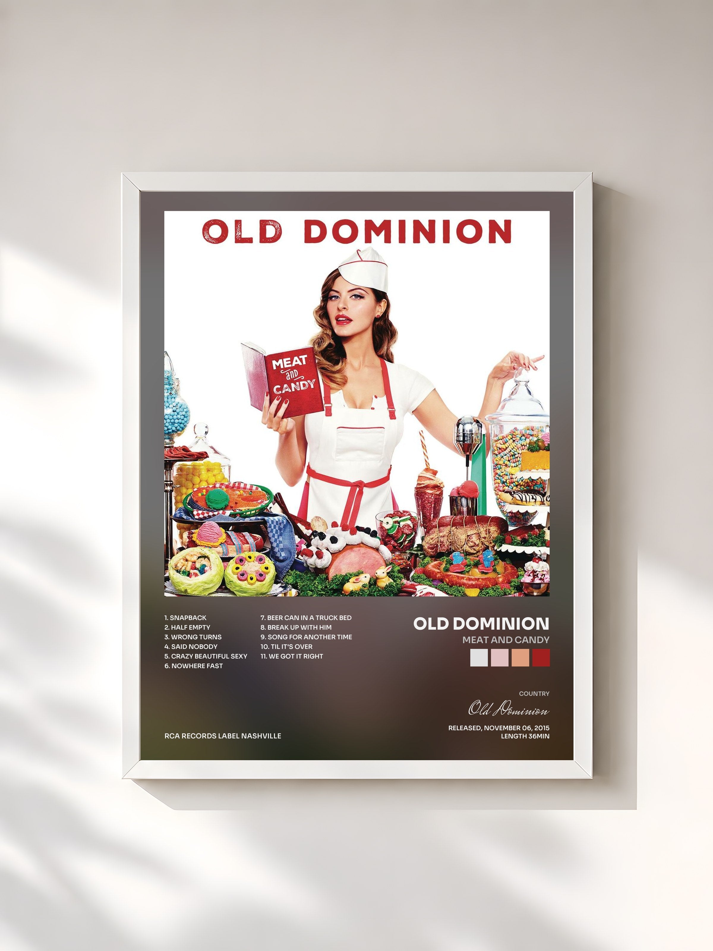 #blanc Tableau de l'album Meat and Candy de Old Dominion, cadre blanc, imprimé et encadré en France