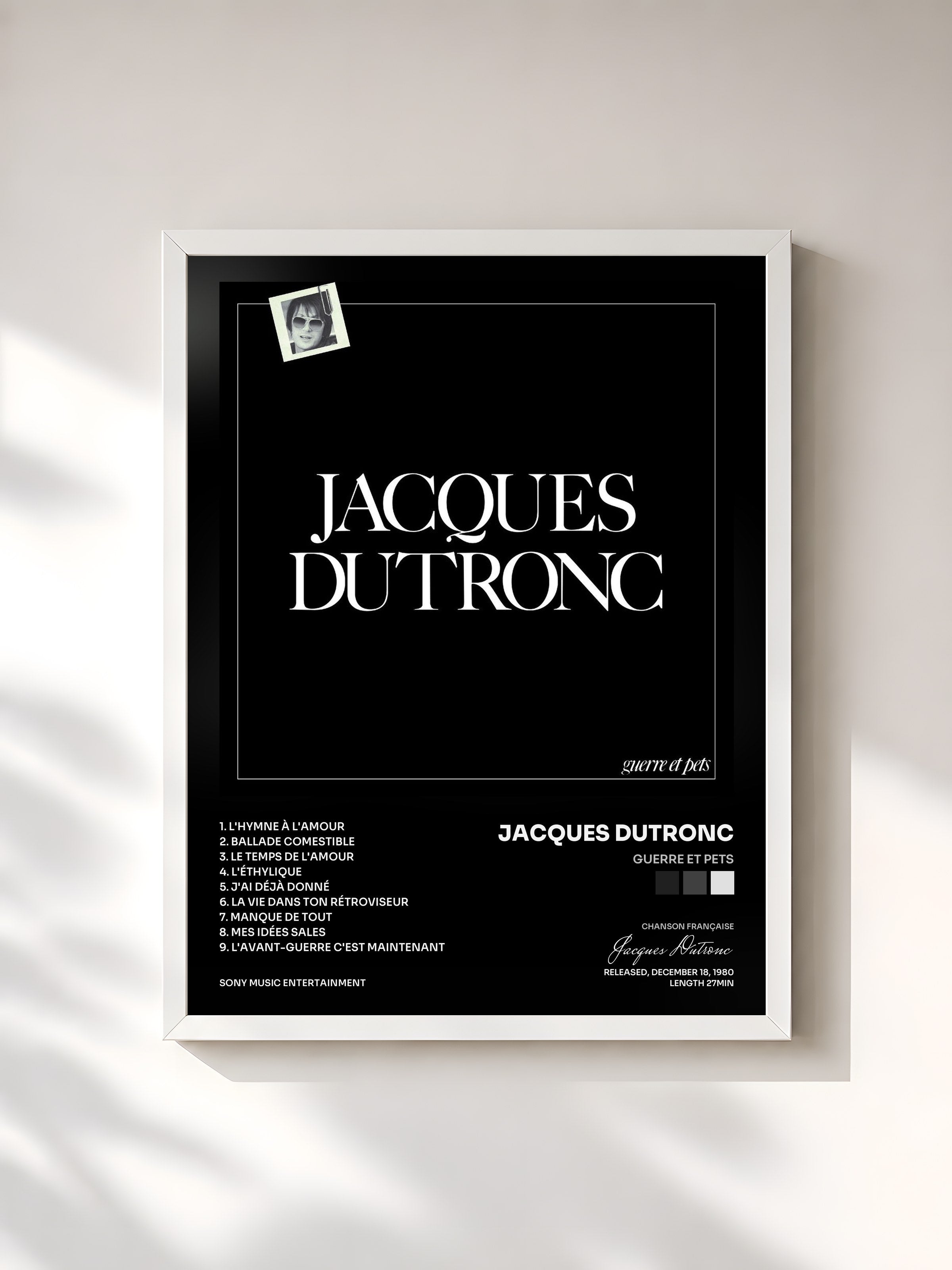 #blanc Tableau de l'album Guerre et pets de Jacques Dutronc, cadre blanc, imprimé et encadré en France
