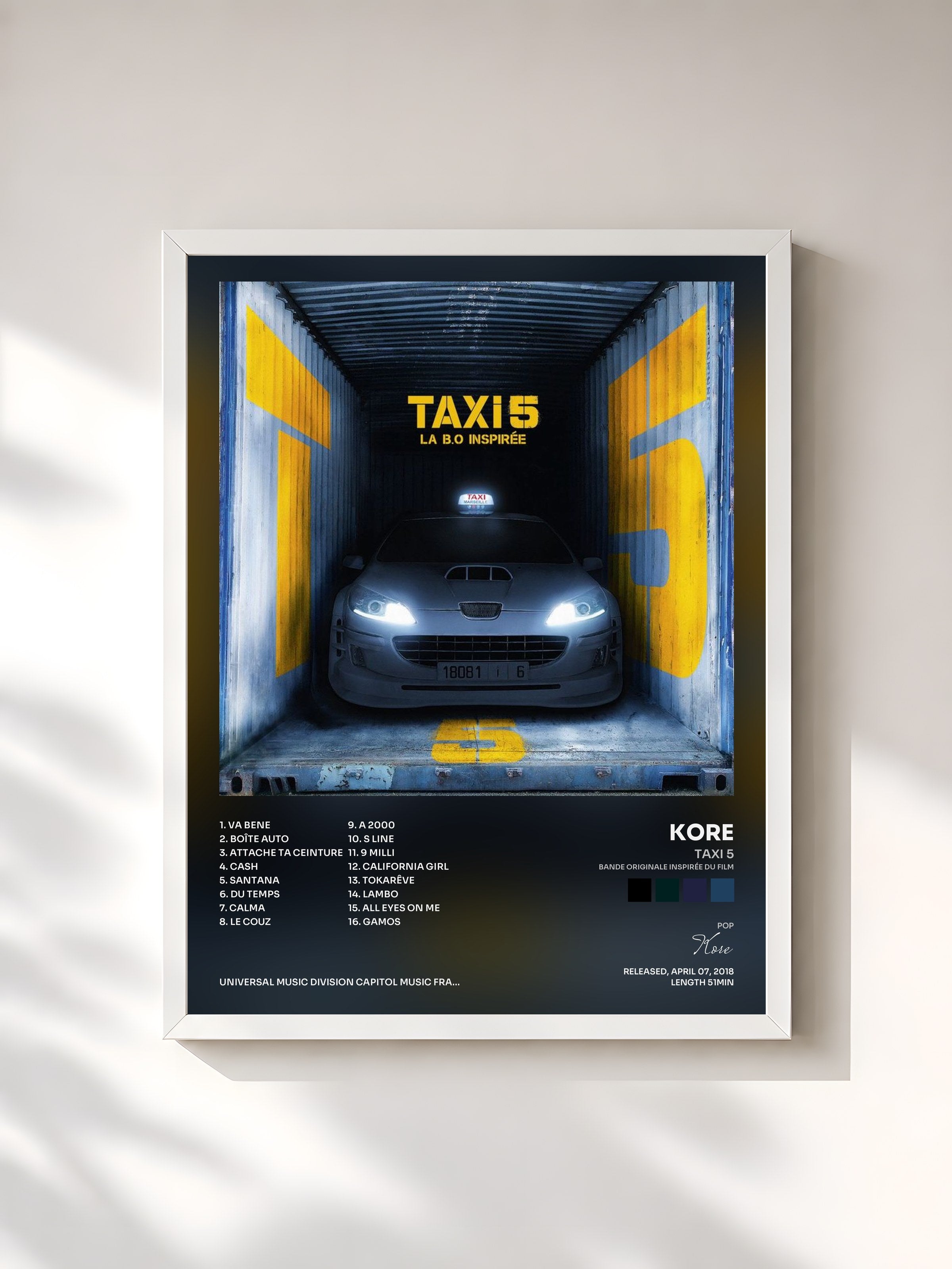 #blanc Tableau de l'album Taxi 5 (Bande originale inspirée du film) de Kore, cadre blanc, imprimé et encadré en France