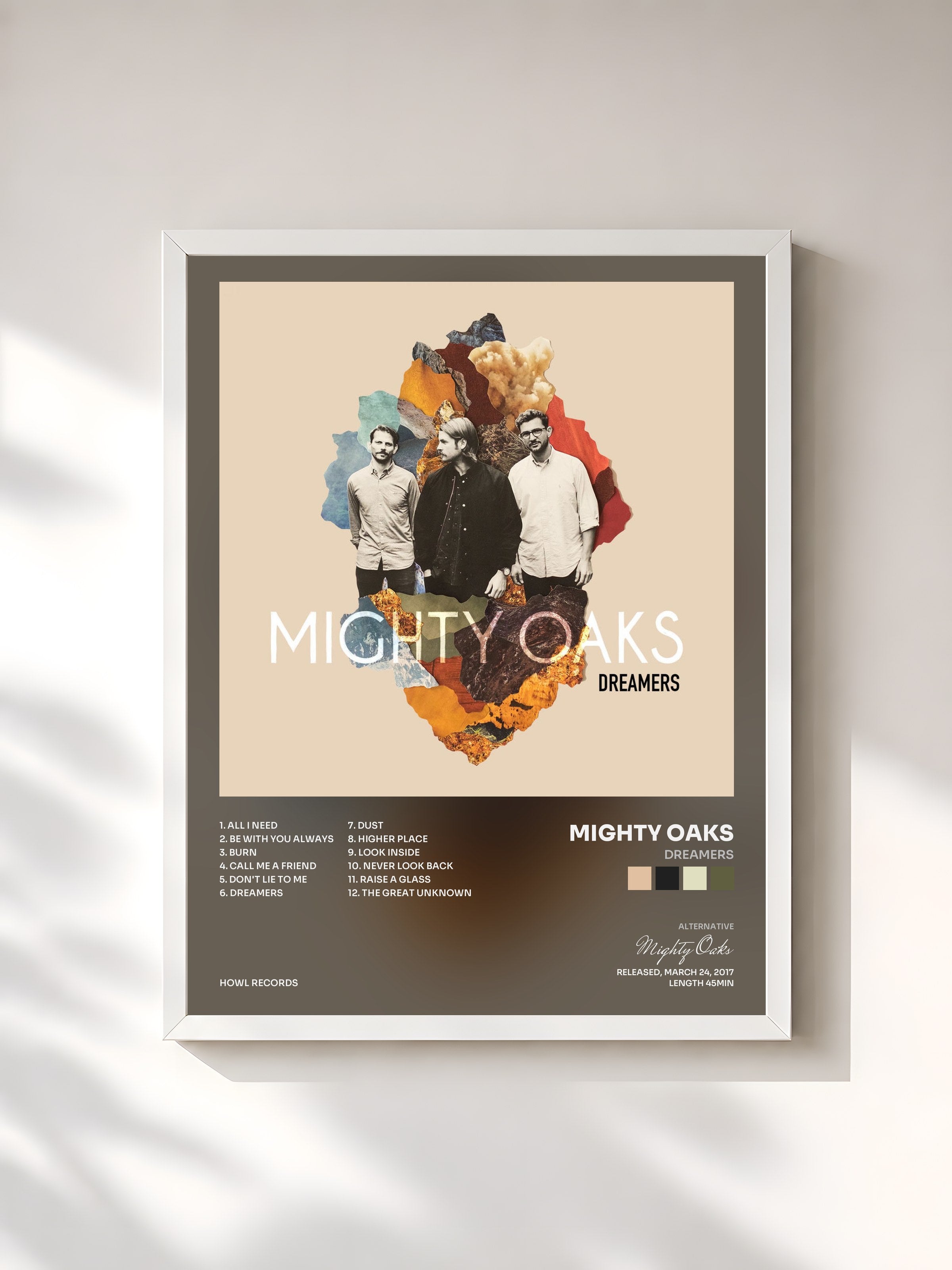 #blanc Tableau de l'album Dreamers de Mighty Oaks, cadre blanc, imprimé et encadré en France