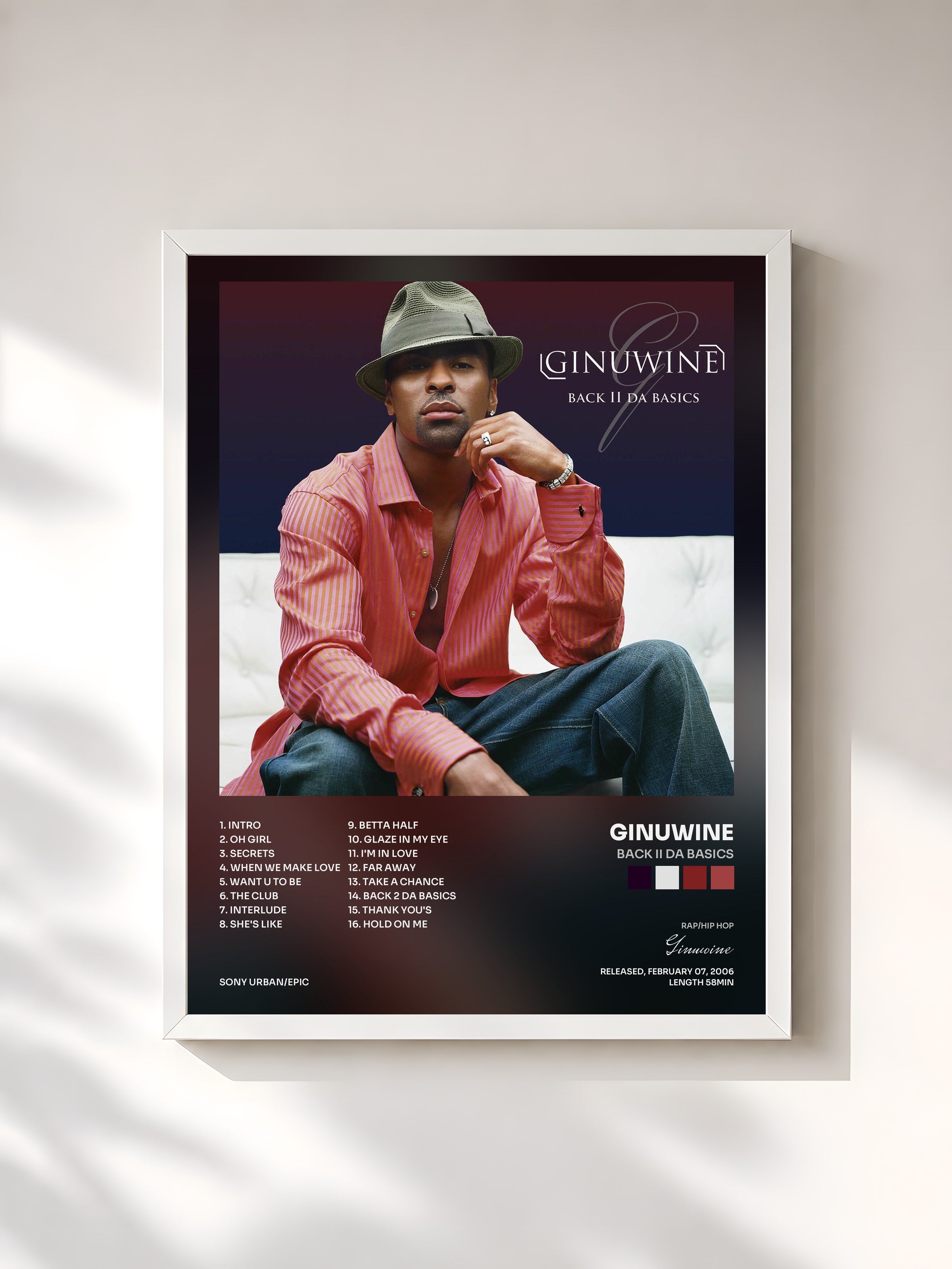 #blanc Tableau de l'album Back II Da Basics de Ginuwine, cadre blanc, imprimé et encadré en France