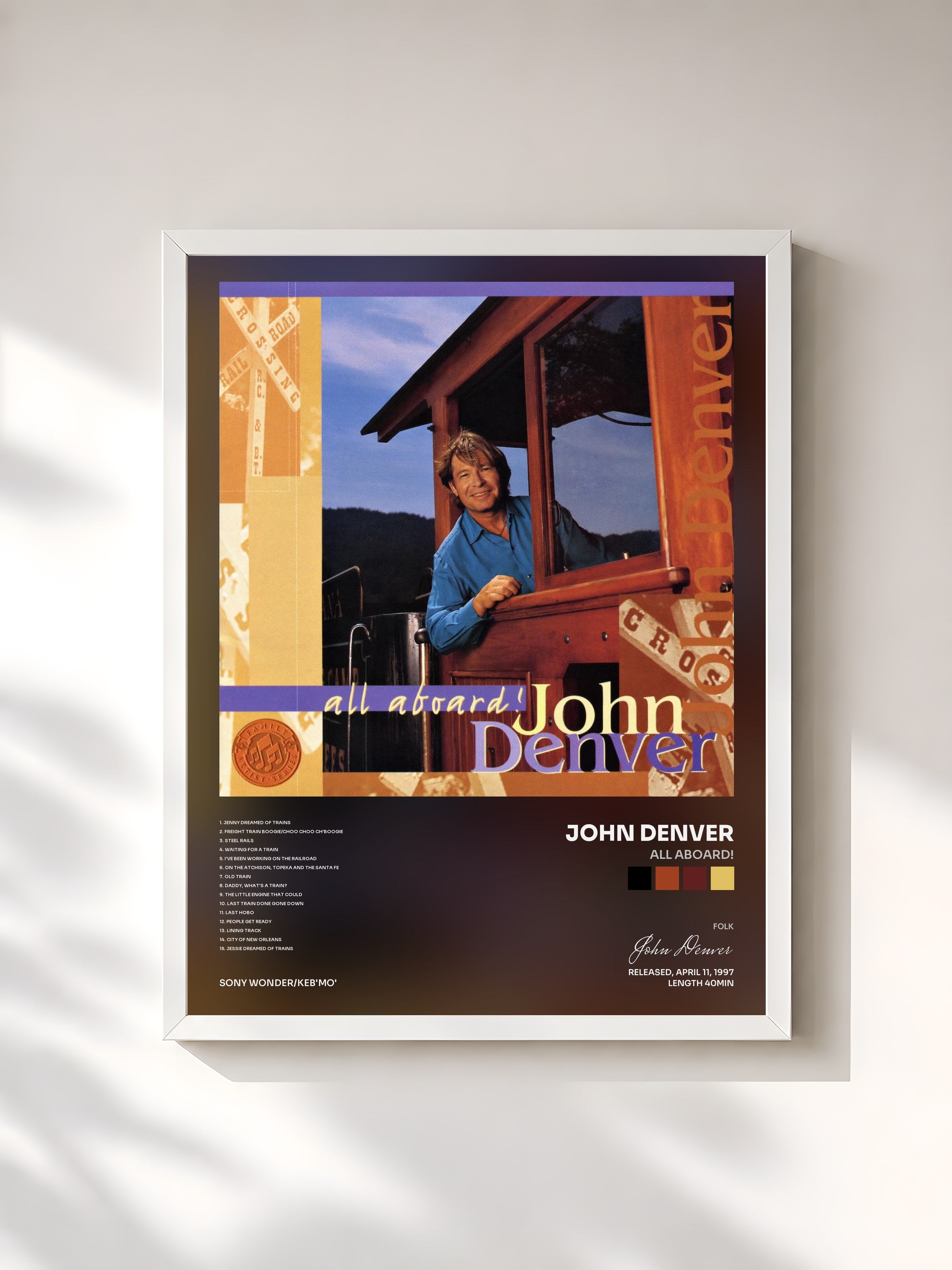 #blanc Tableau de l'album All Aboard! de John Denver, cadre blanc, imprimé et encadré en France