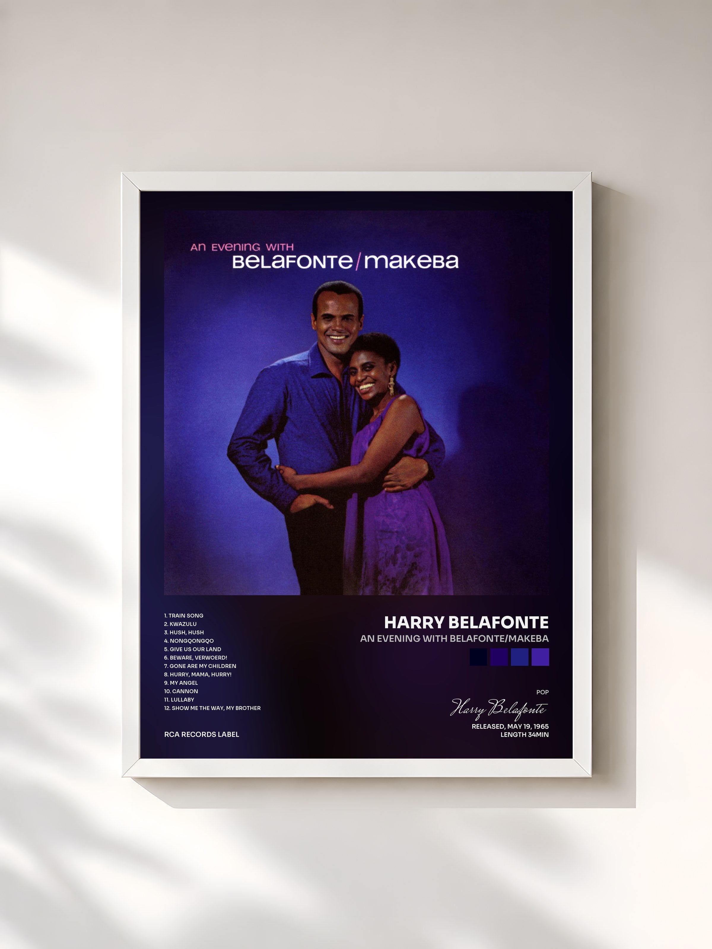 #blanc Tableau de l'album An Evening With Belafonte/Makeba de Harry Belafonte, cadre blanc, imprimé et encadré en France