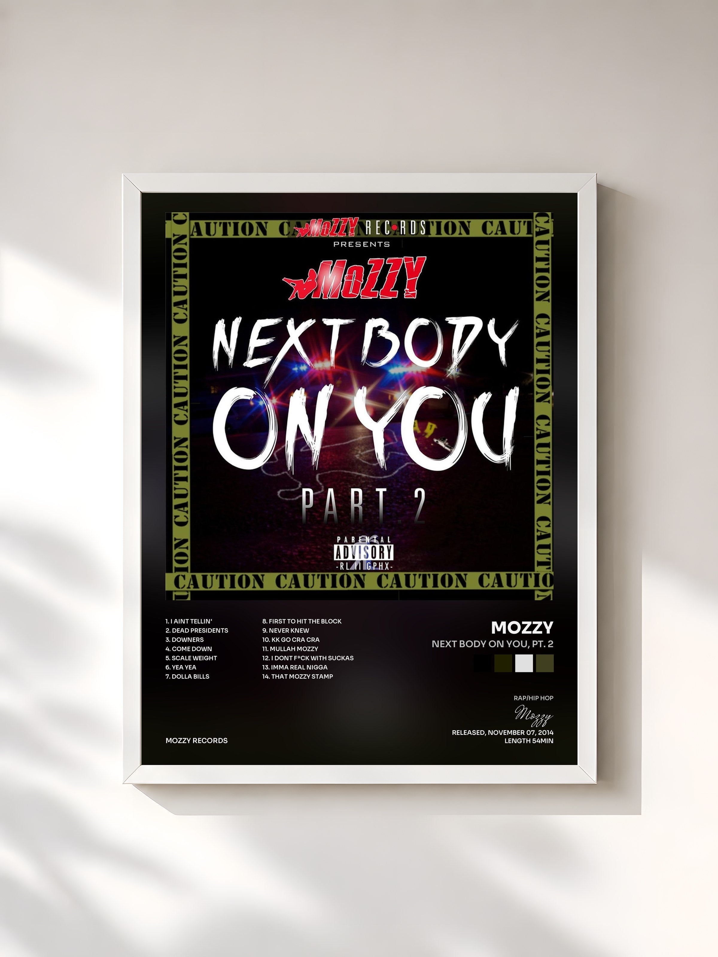 #blanc Tableau de l'album Next Body On You, Pt. 2 de Mozzy, cadre blanc, imprimé et encadré en France