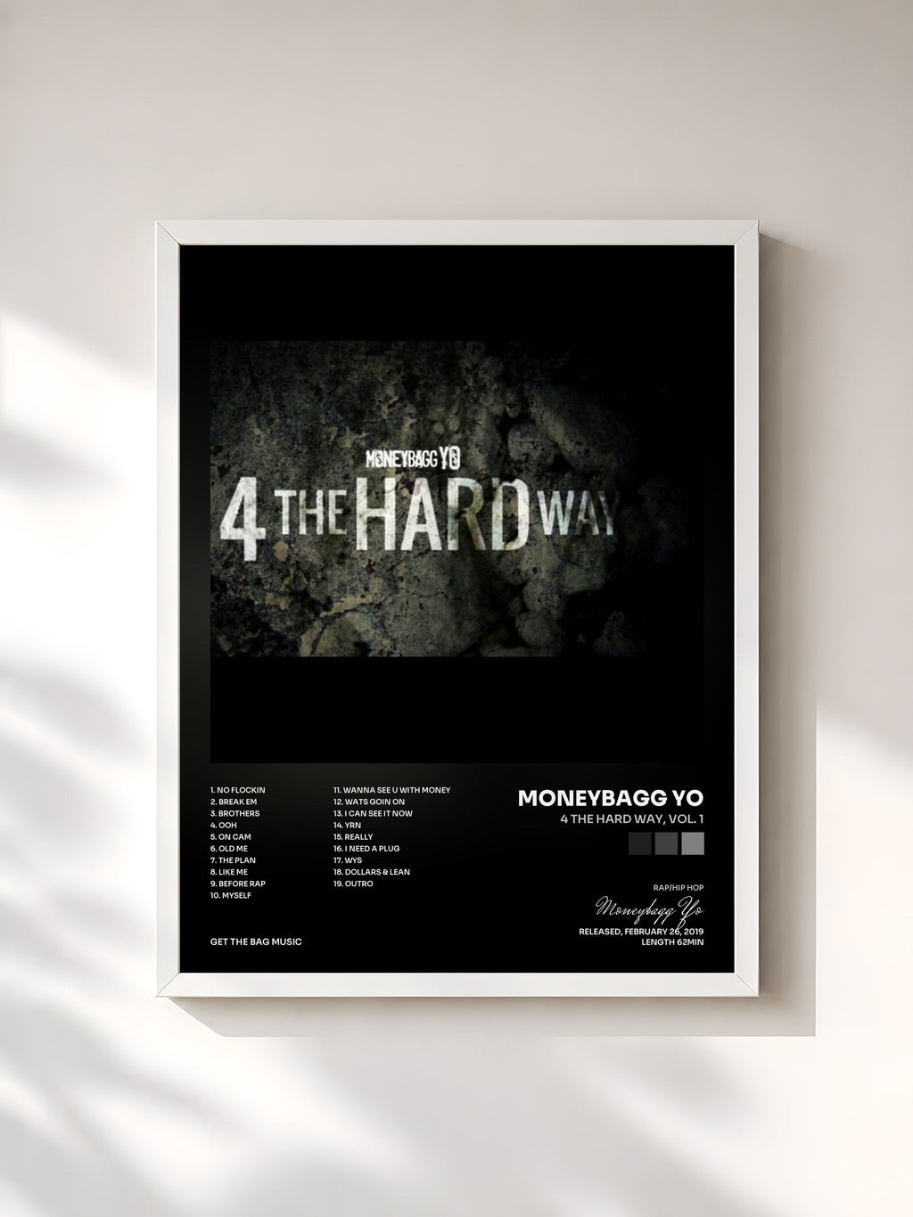 #blanc Tableau de l'album 4 The Hard Way, Vol. 1 de Moneybagg Yo, cadre blanc, imprimé et encadré en France