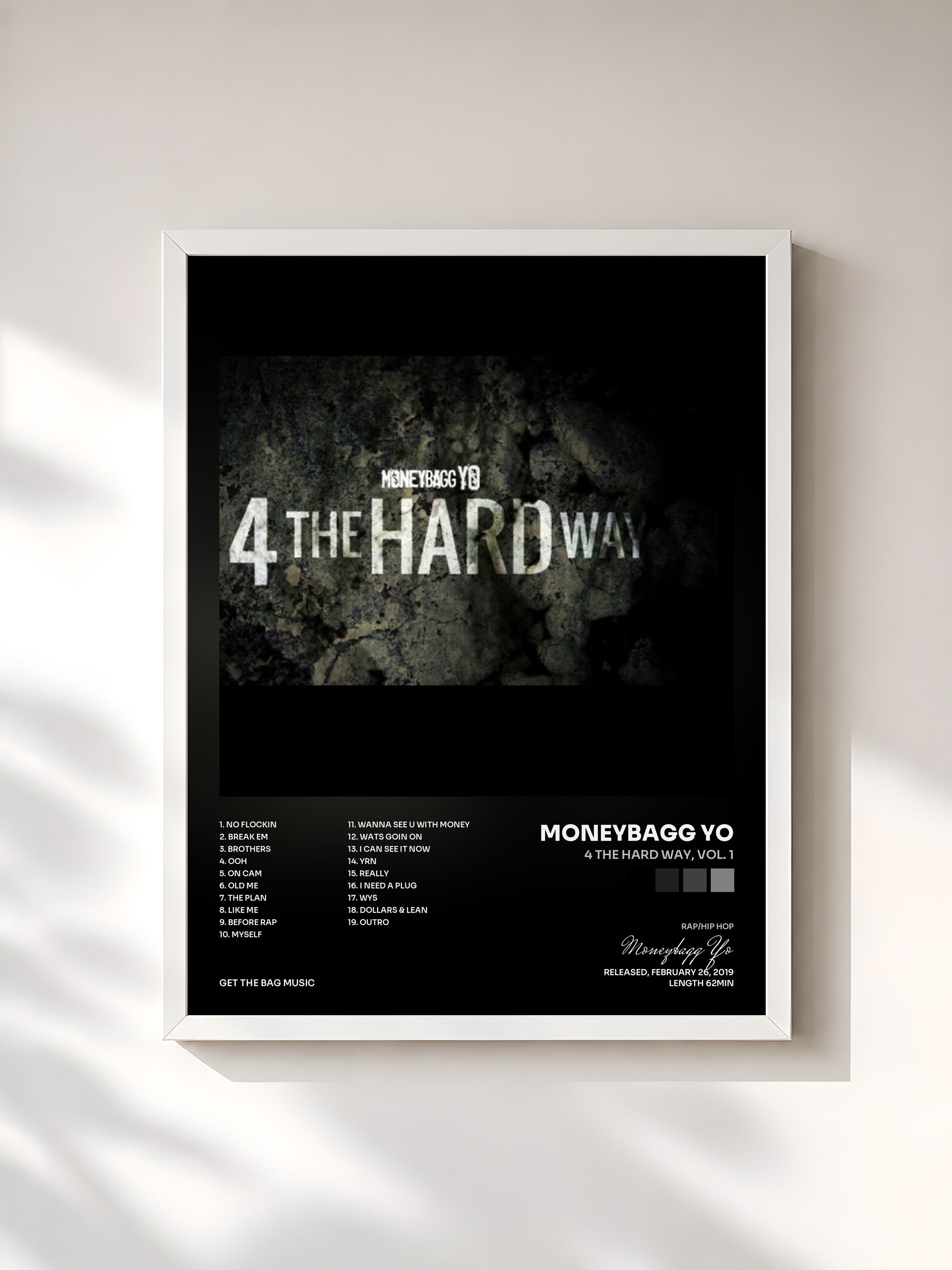 #blanc Tableau de l'album 4 The Hard Way, Vol. 1 de Moneybagg Yo, cadre blanc, imprimé et encadré en France