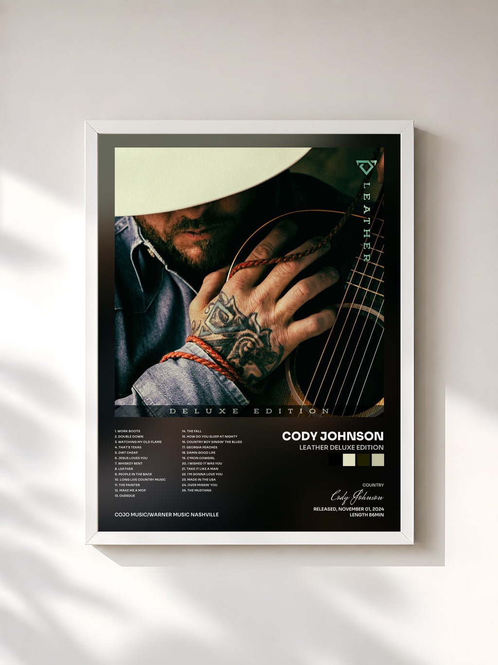#blanc Tableau de l'album Leather Deluxe Edition de Cody Johnson, cadre blanc, imprimé et encadré en France
