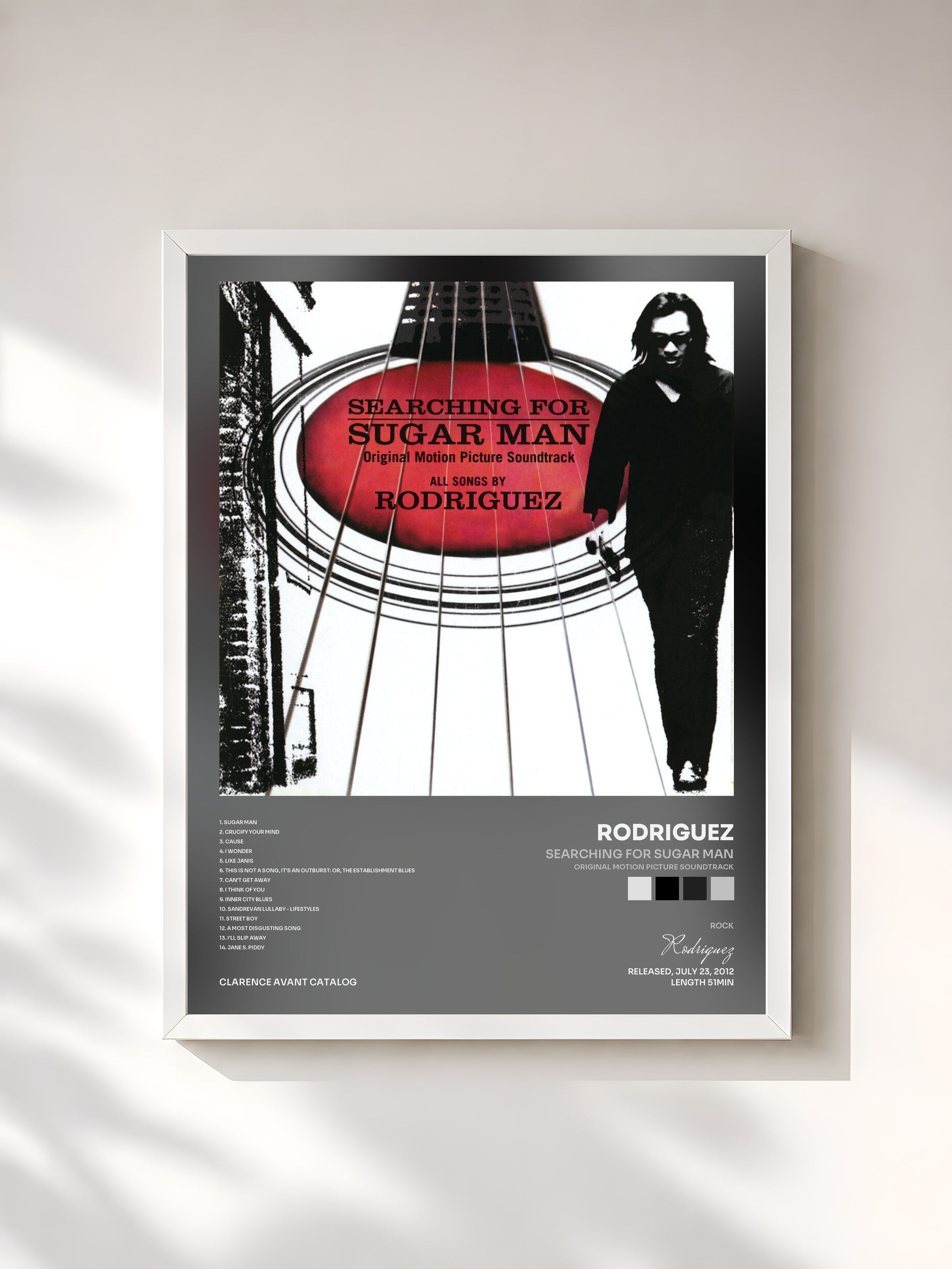 #blanc Tableau de l'album Searching For Sugar Man (Original Motion Picture Soundtrack) de Rodriguez, cadre blanc, imprimé et encadré en France