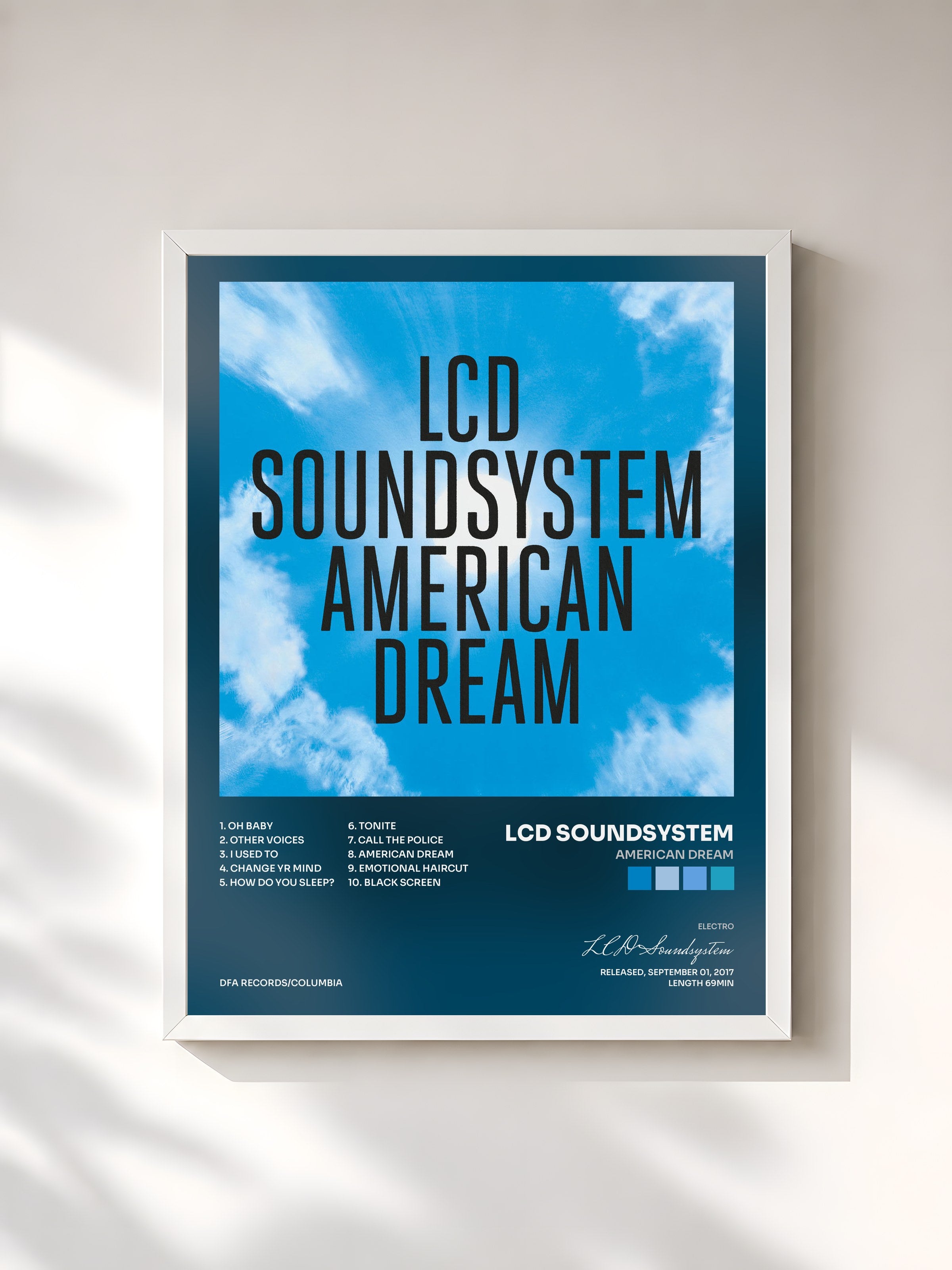 #blanc Tableau de l'album american dream de LCD Soundsystem, cadre blanc, imprimé et encadré en France