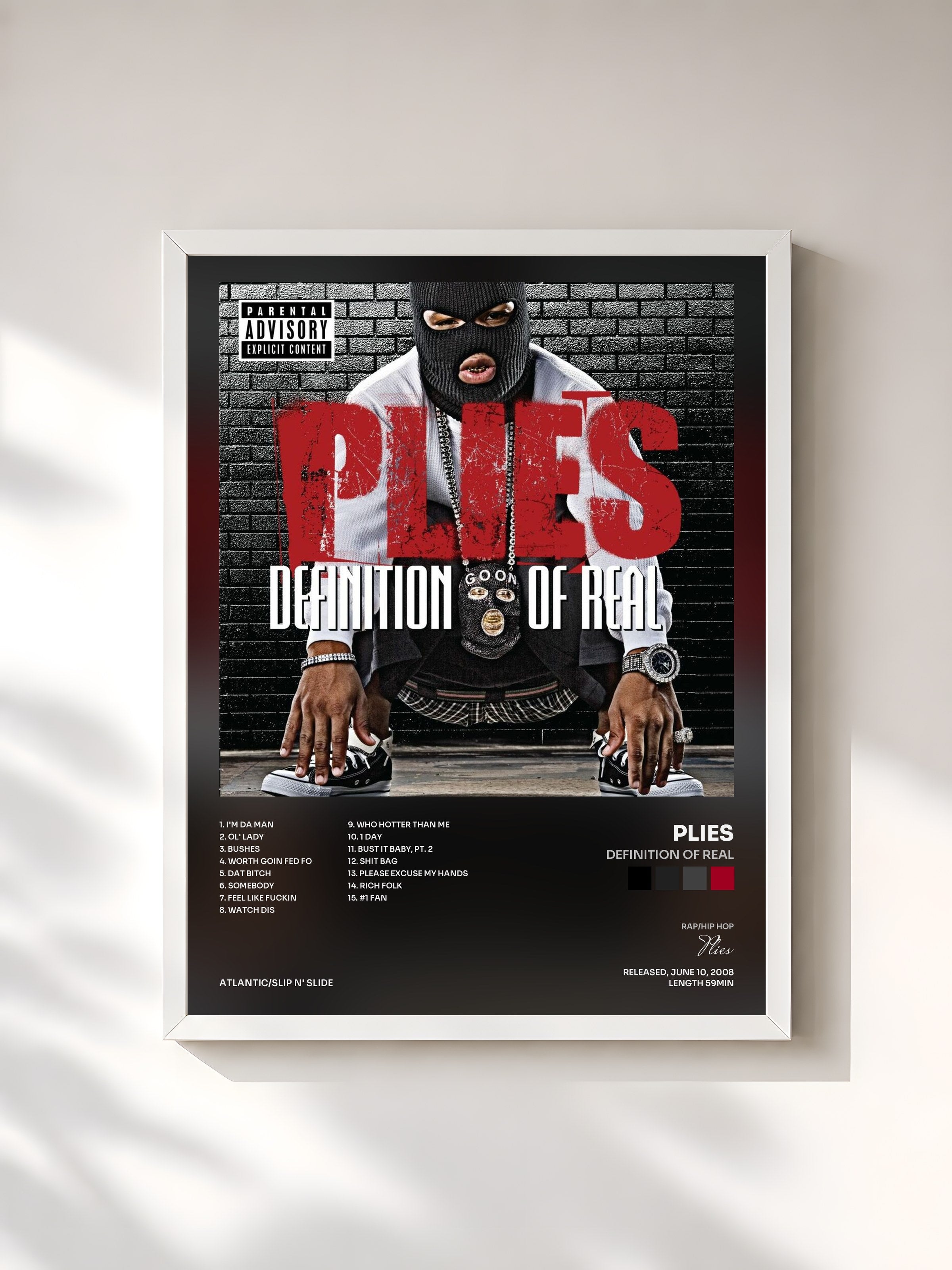 #blanc Tableau de l'album Definition of Real de Plies, cadre blanc, imprimé et encadré en France