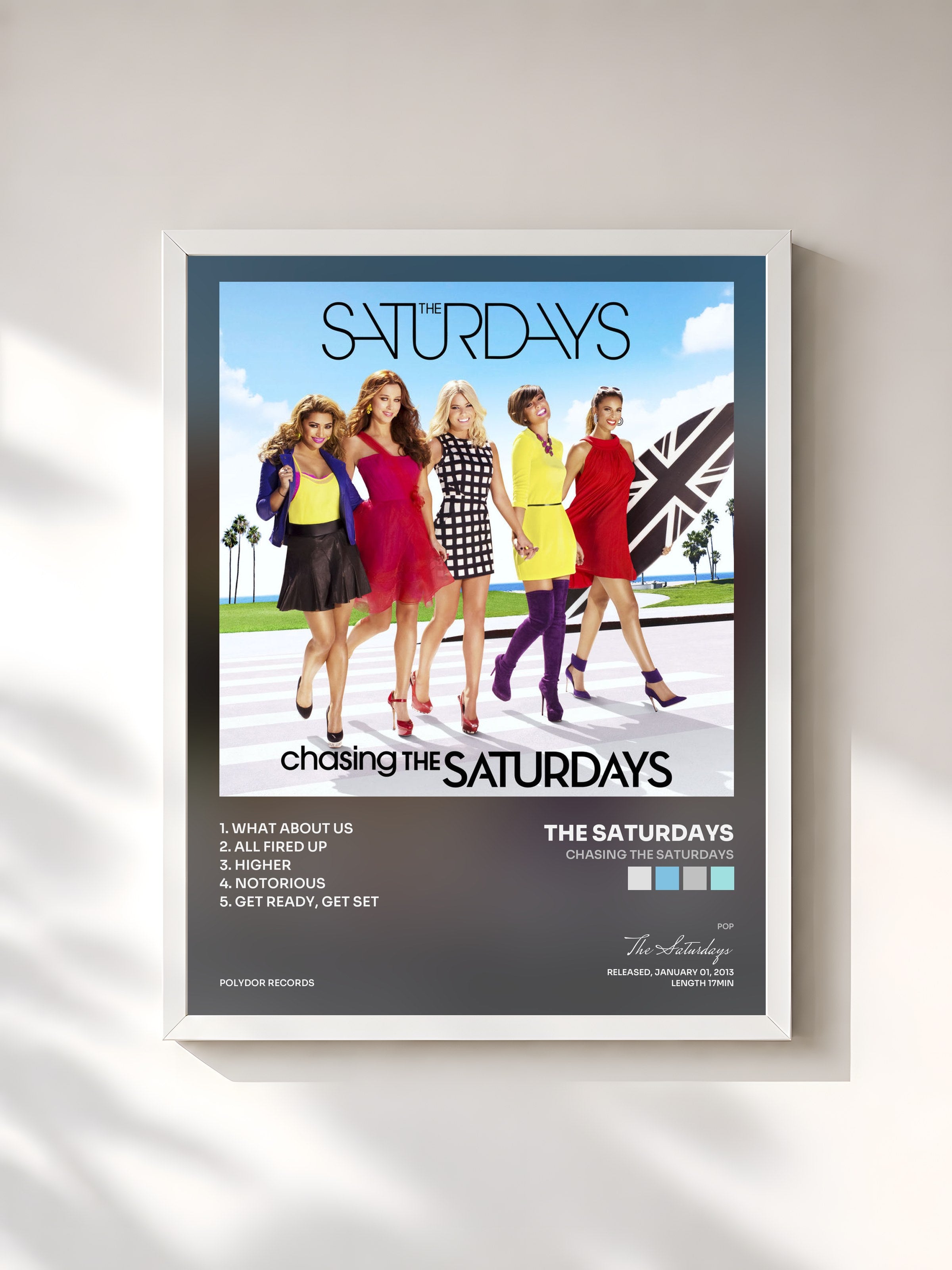 #blanc Tableau de l'album Chasing The Saturdays de The Saturdays, cadre blanc, imprimé et encadré en France