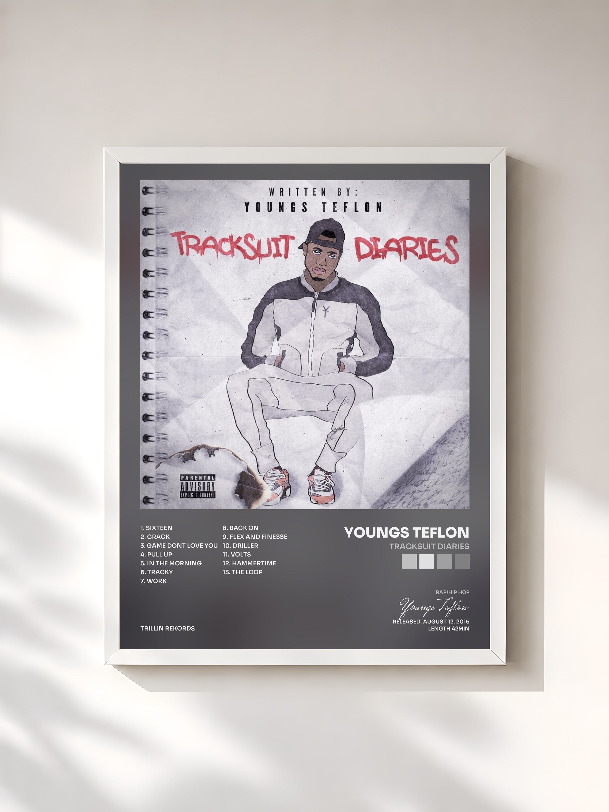 #blanc Tableau de l'album Tracksuit Diaries de Youngs Teflon, cadre blanc, imprimé et encadré en France