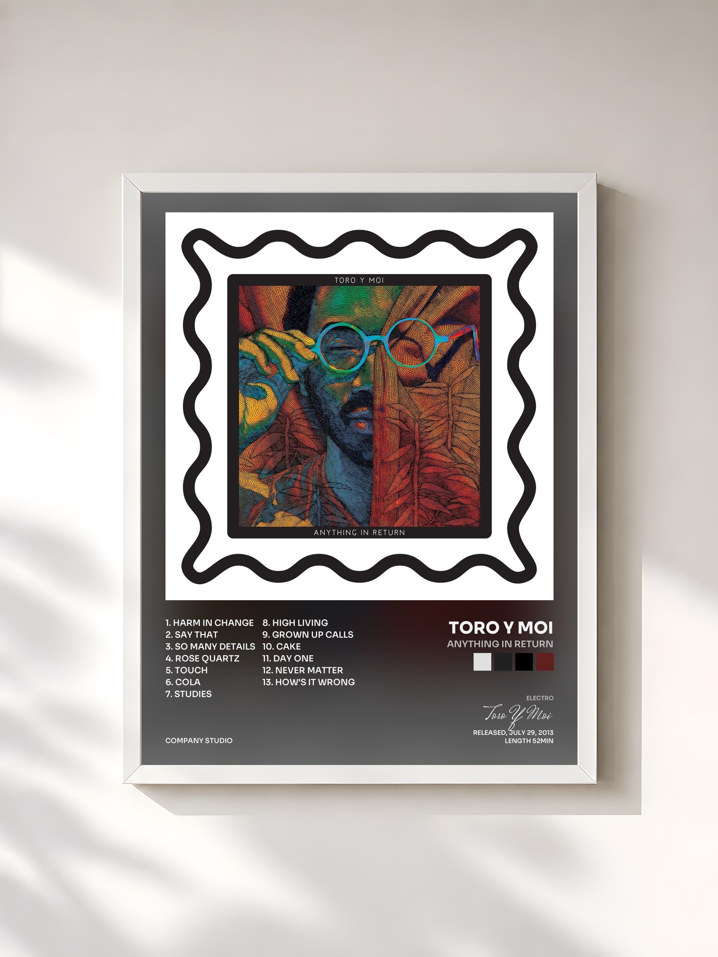 #blanc Tableau de l'album Anything in Return de Toro Y Moi, cadre blanc, imprimé et encadré en France