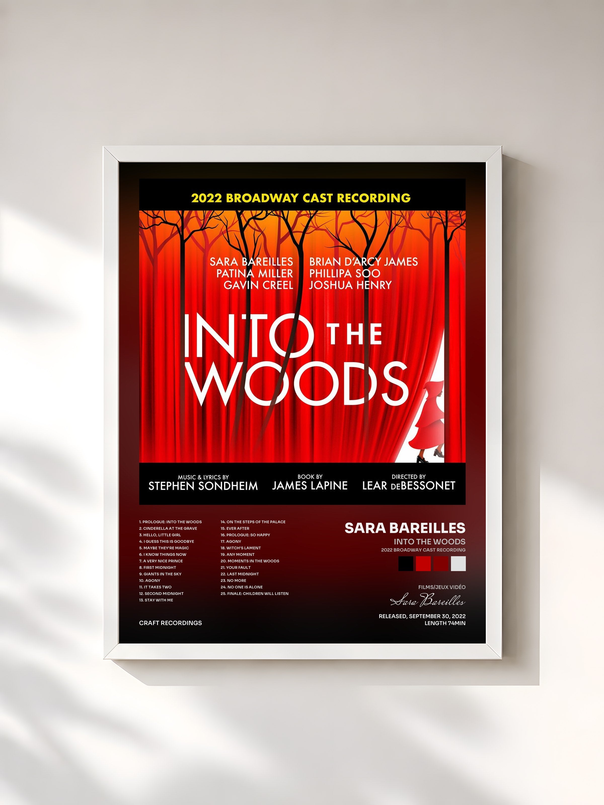 #blanc Tableau de l'album Into The Woods (2022 Broadway Cast Recording) de Sara Bareilles, cadre blanc, imprimé et encadré en France