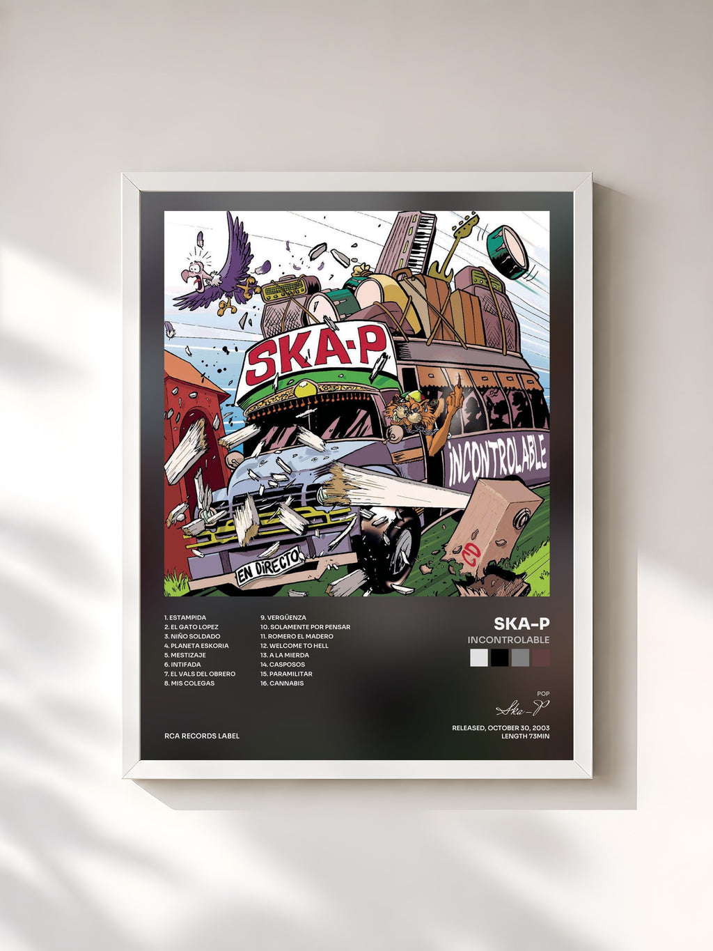 #blanc Tableau de l'album Incontrolable de Ska-P, cadre blanc, imprimé et encadré en France