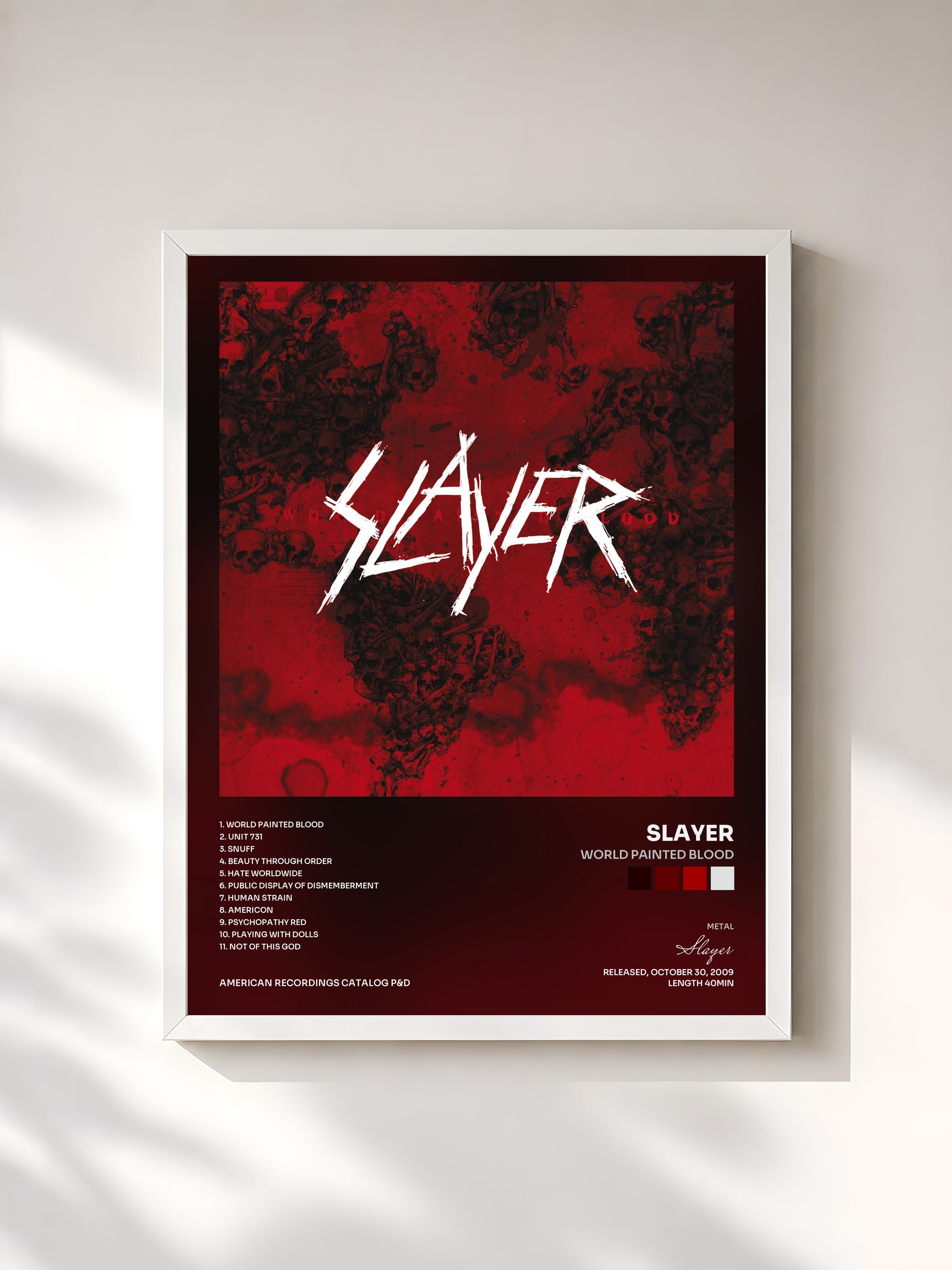 #blanc Tableau de l'album World Painted Blood de Slayer, cadre blanc, imprimé et encadré en France