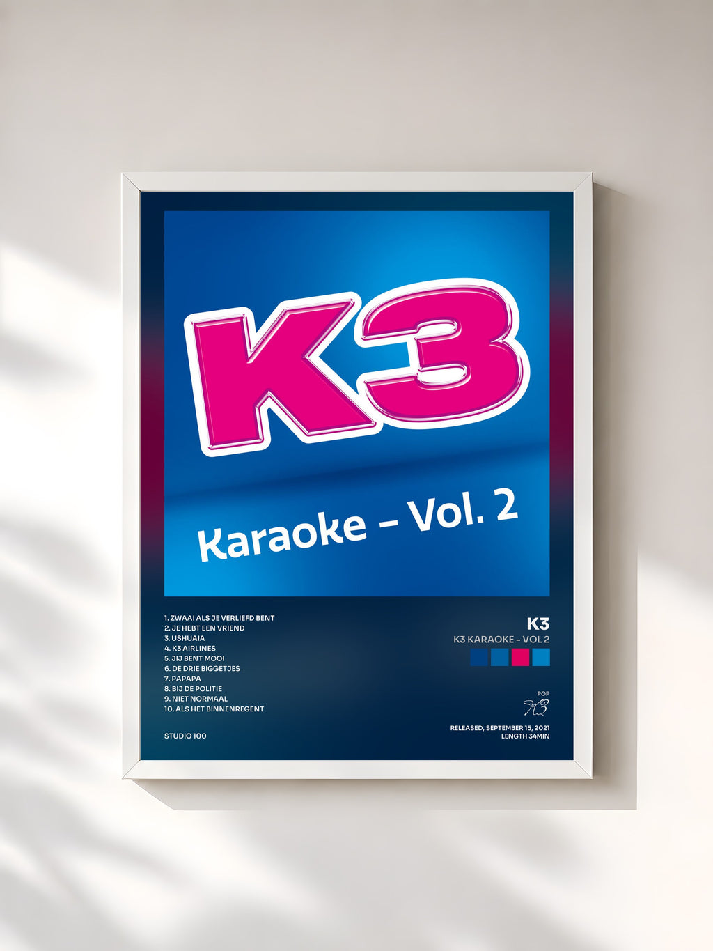 #blanc Tableau de l'album K3 karaoke - Vol 2 de K3, cadre blanc, imprimé et encadré en France